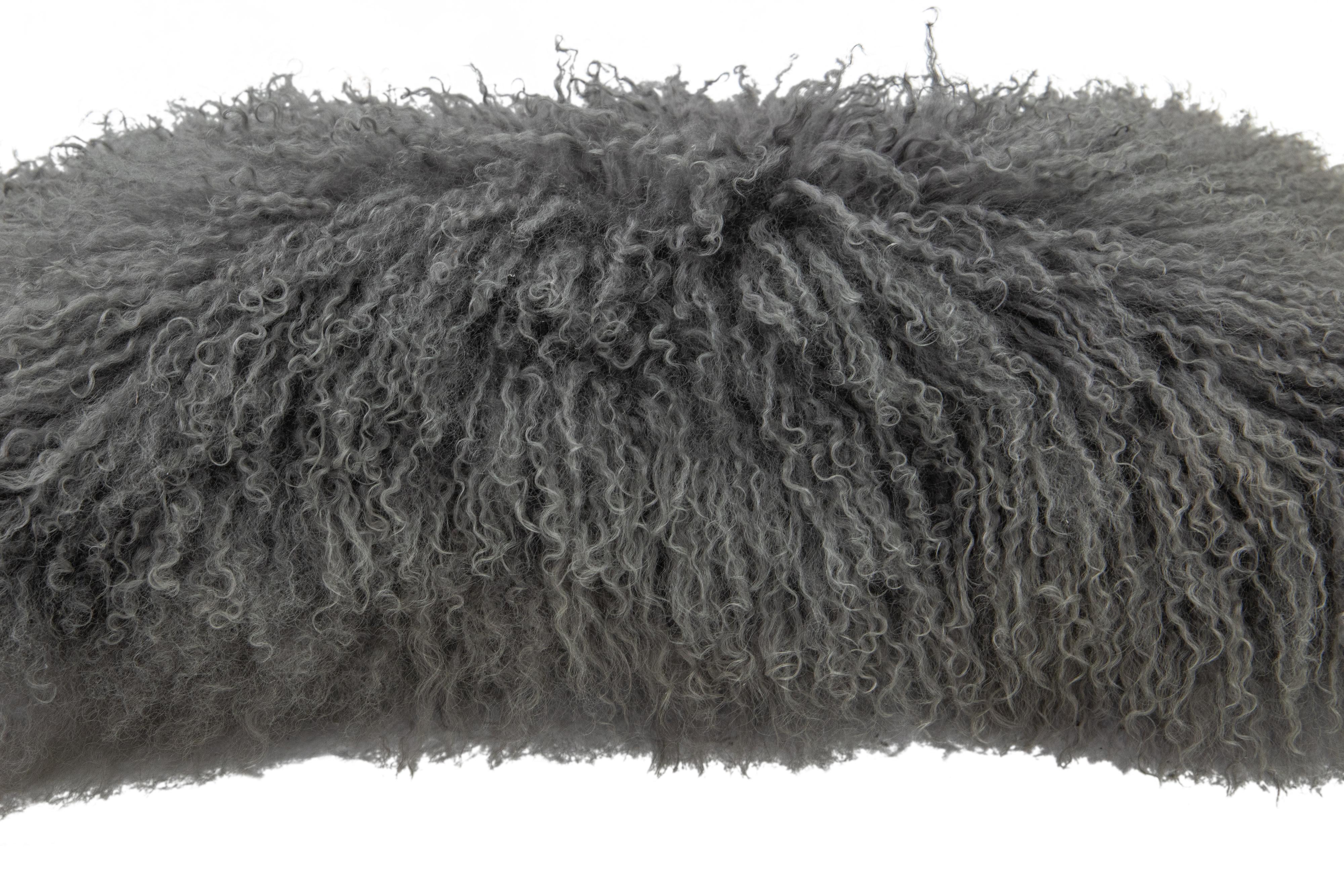 Hand-Knotted Modern Mongolian Lamb Fur Single Side Pillow In Gray  For Sale