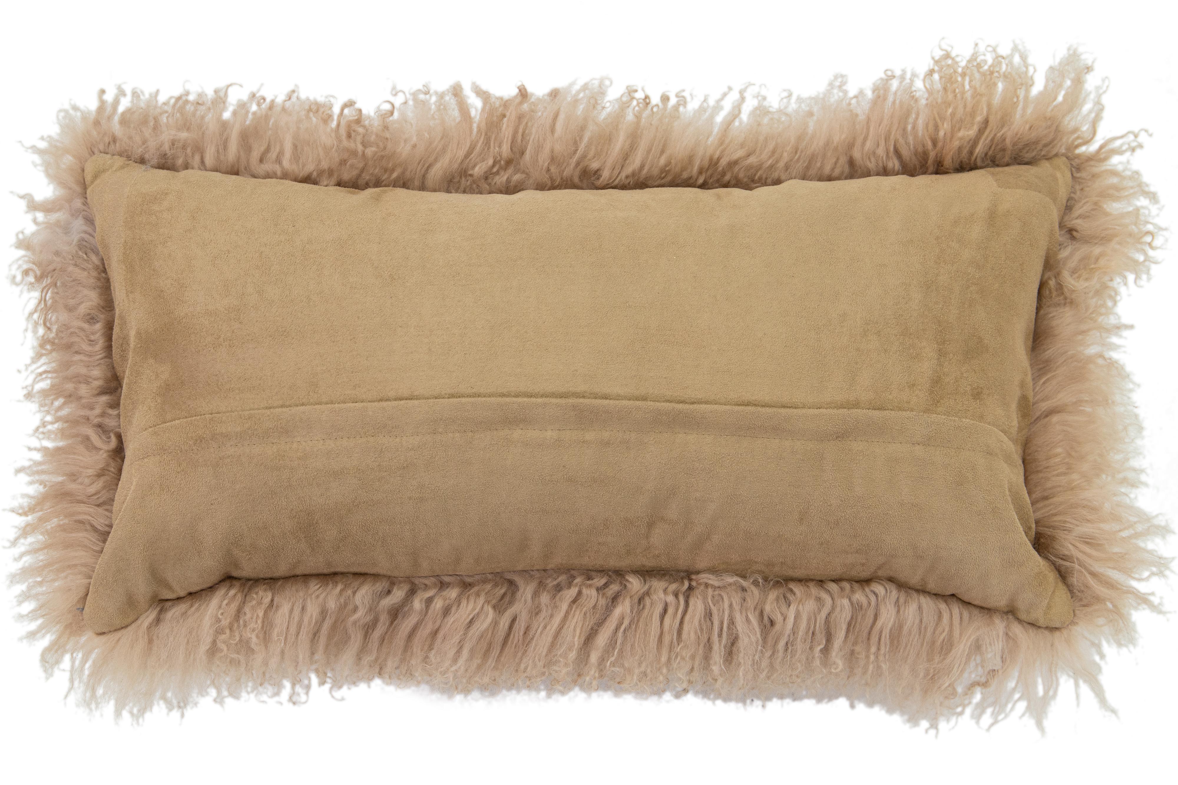 Indian Modern Mongolian Lamb Fur Single Side Pillow In Light Brown  For Sale
