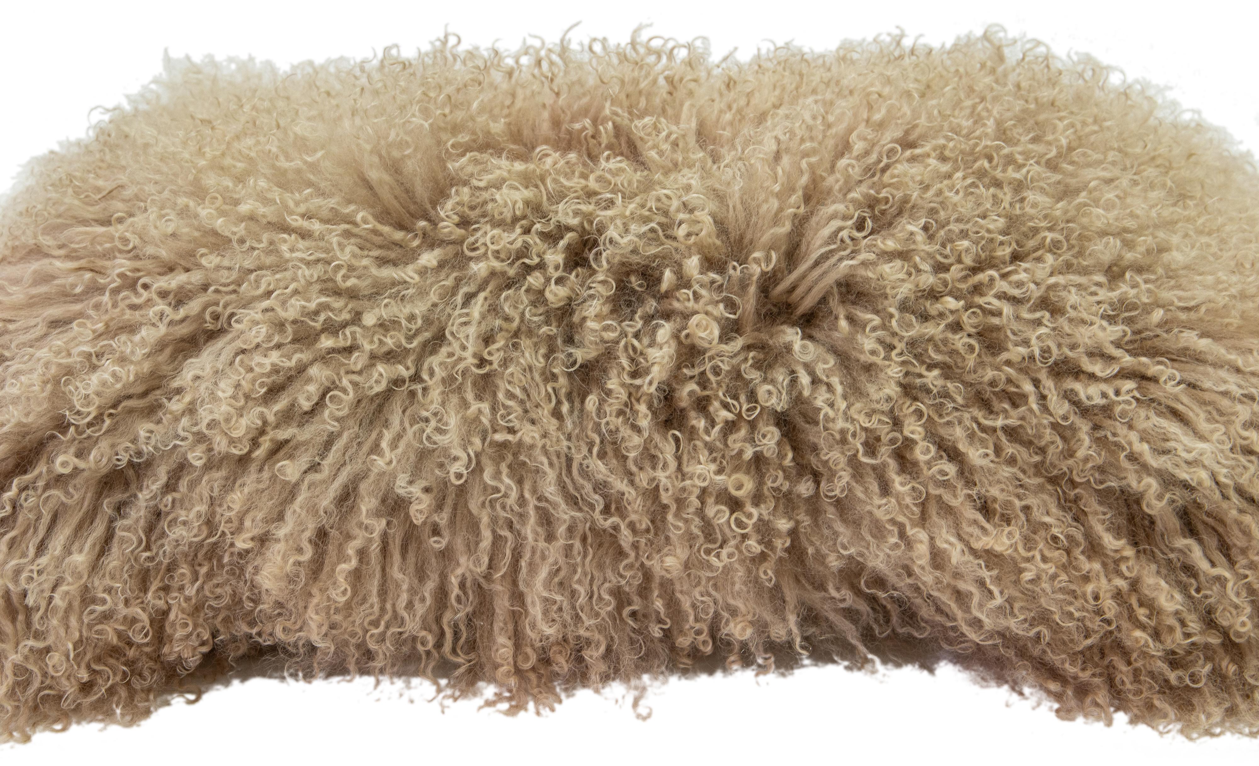 Hand-Knotted Modern Mongolian Lamb Fur Single Side Pillow In Light Brown  For Sale