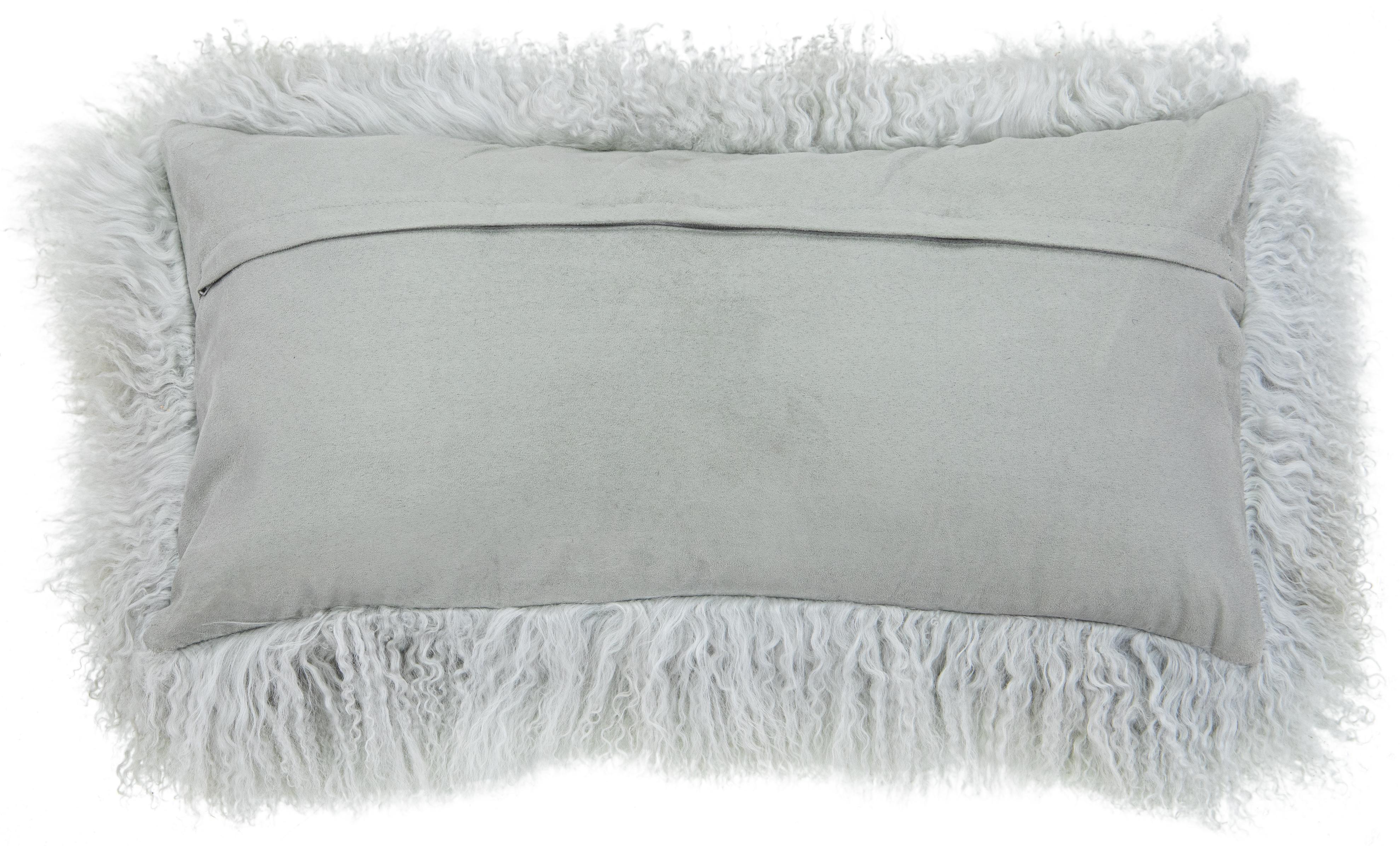 Indian Modern Mongolian Lamb Fur Single Side Pillow In Light Gray For Sale