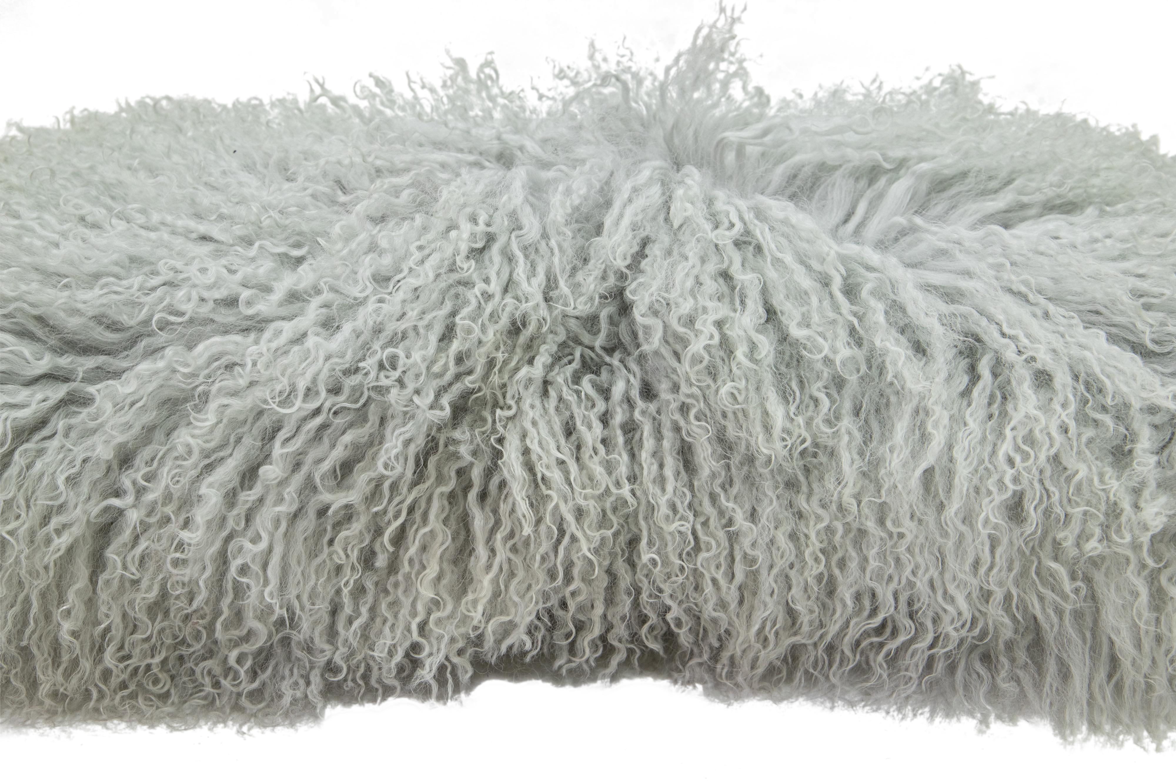 Hand-Knotted Modern Mongolian Lamb Fur Single Side Pillow In Light Gray For Sale