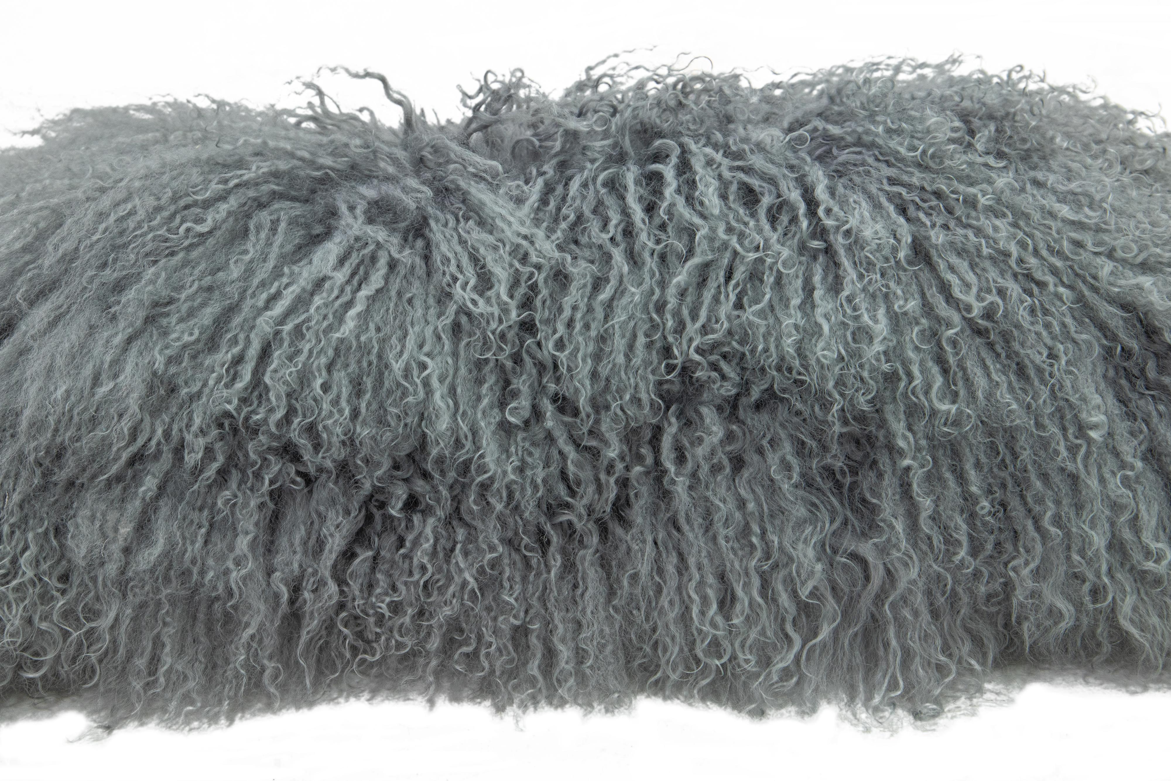 Hand-Knotted Modern Mongolian Lamb Fur Single Side Pillow In Silver Gray Color For Sale