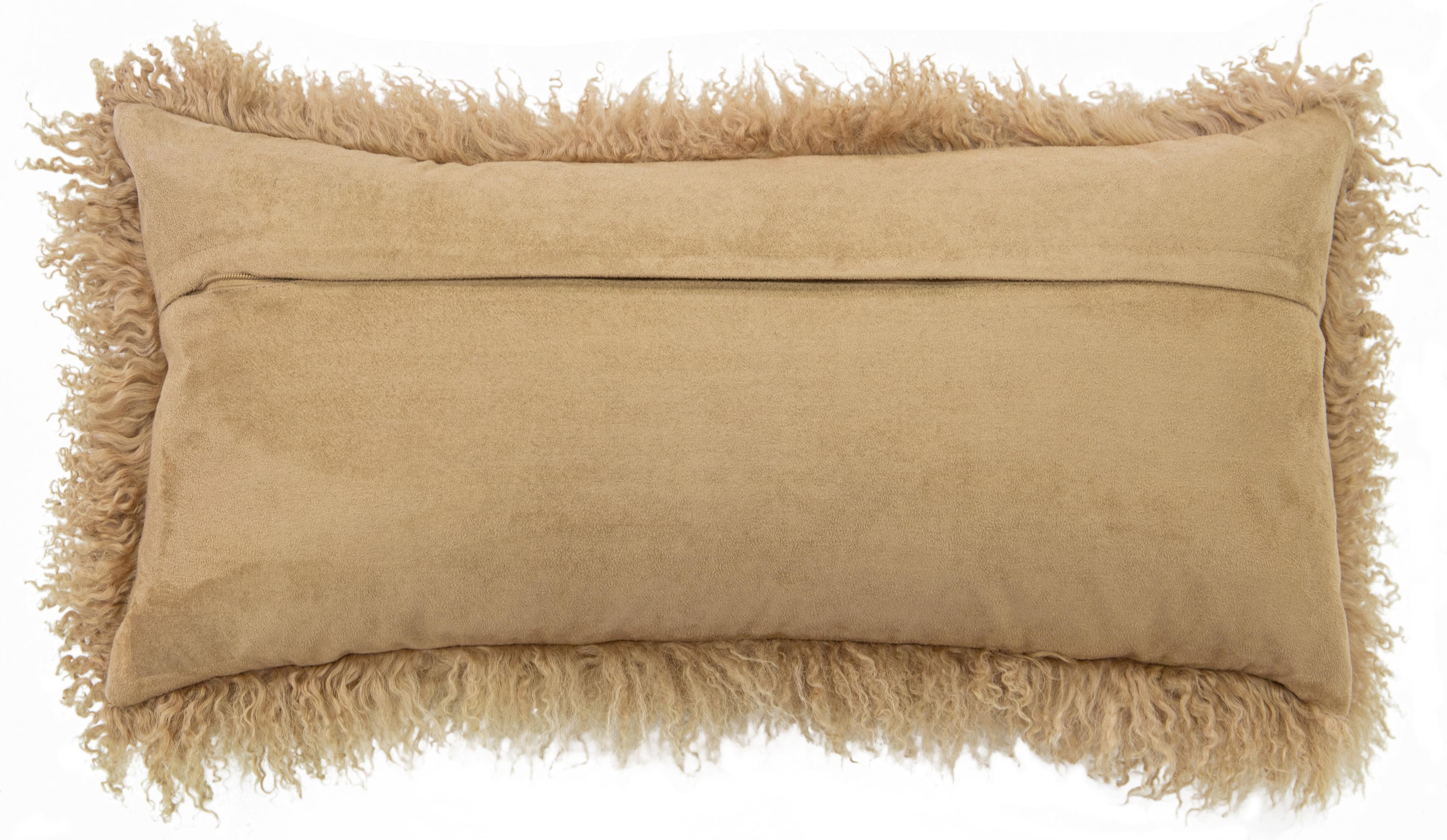 Indian Modern Mongolian Lamb Fur Single Side Pillow In Tan Color For Sale
