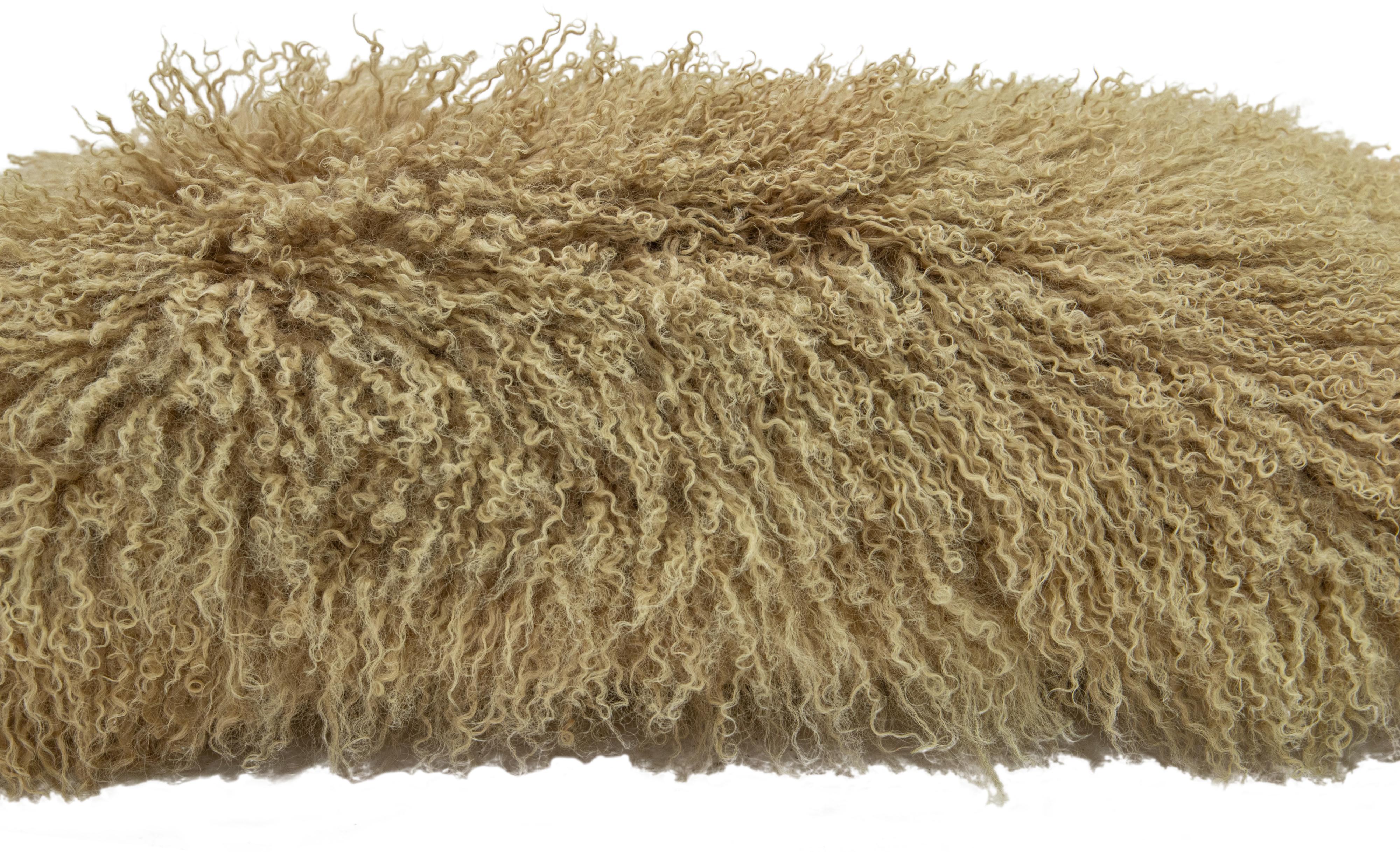 Hand-Knotted Modern Mongolian Lamb Fur Single Side Pillow In Tan Color For Sale