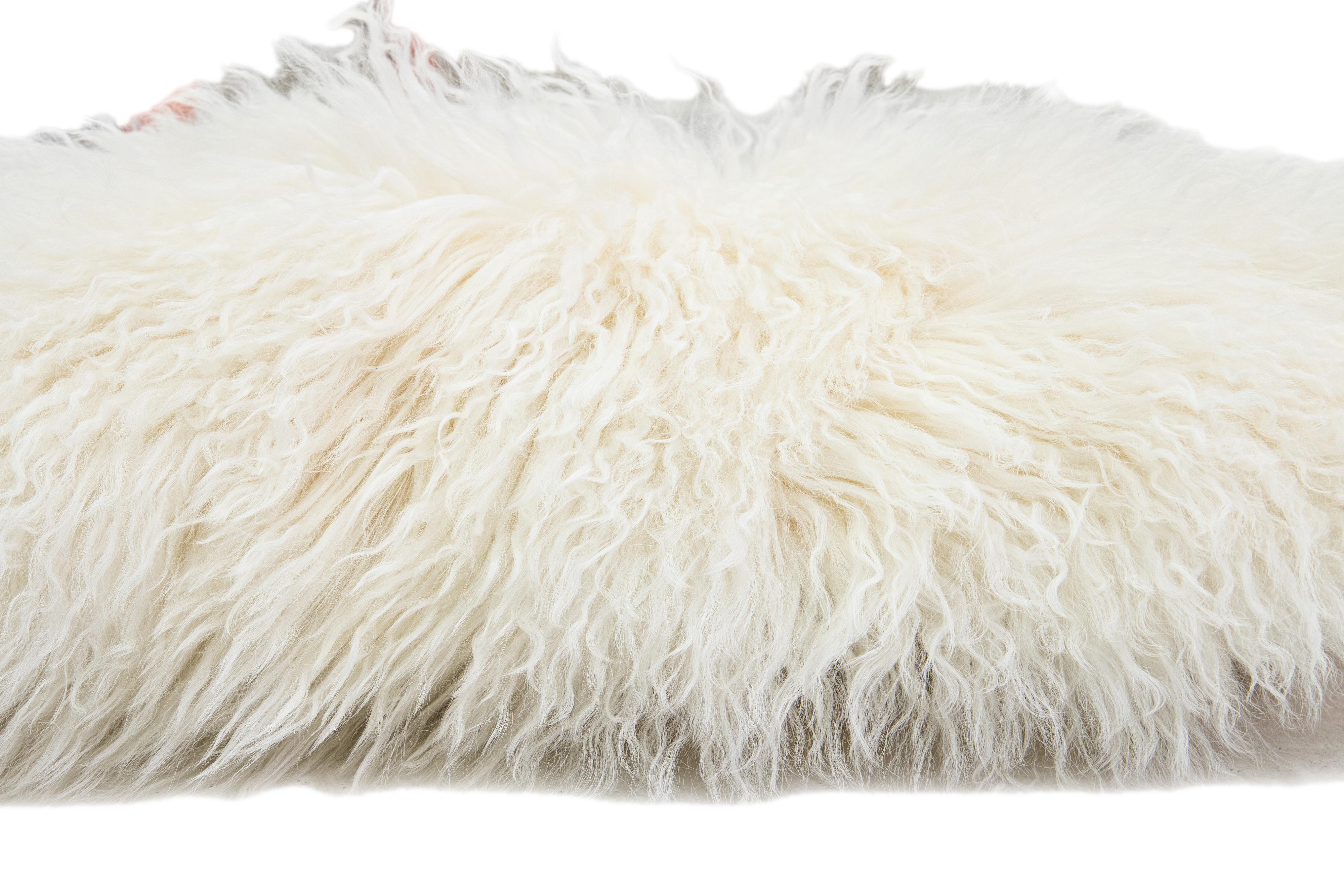 Hand-Knotted Modern Mongolian Lamb Fur Single Side Pillow In White  For Sale