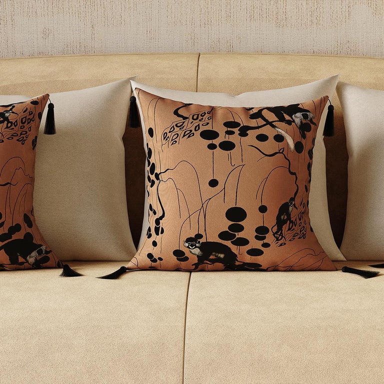 Portuguese Modern Monkey Cushion, Tropical Iron Pattern Velvet Pillow Black Fringes Tassels For Sale