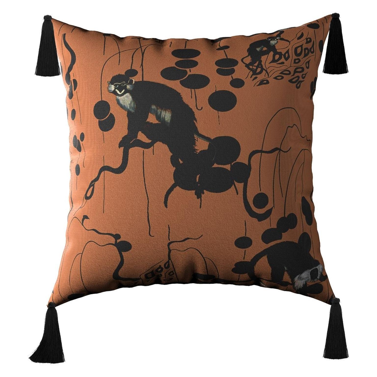 Modern Monkey Cushion, Tropical Iron Pattern Velvet Pillow Black Fringes Tassels