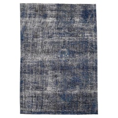 Antique Modern Monochrome Blue and Charcoal Overdyed Wool Rug 6'2''x8'1''