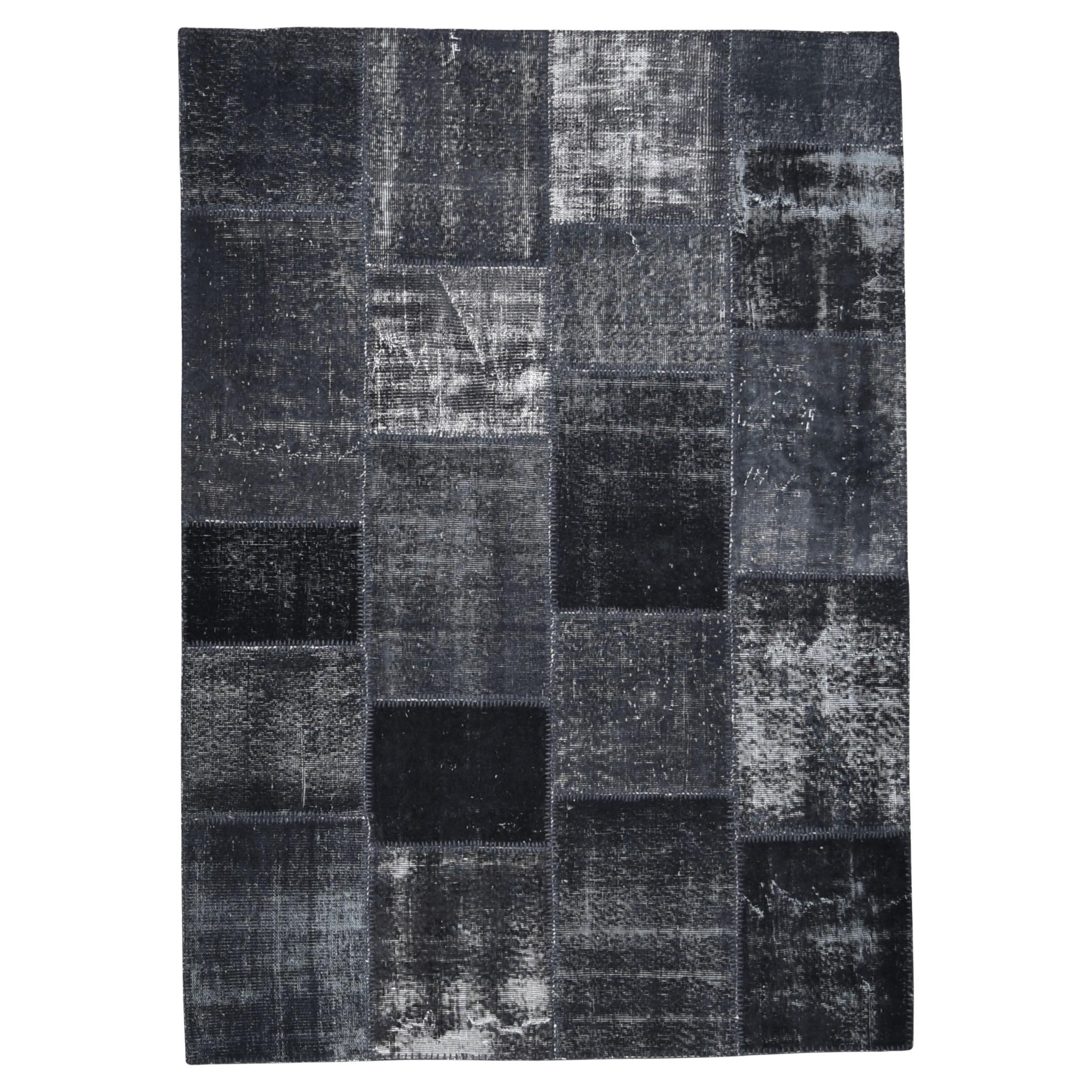 Modern Monochrome Charcoal Black Patchwork Wool Rug 5'7''x7'11''