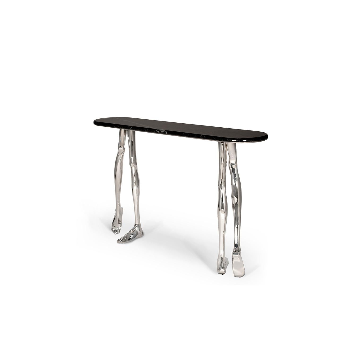 Portuguese Modern Monroe Silver Art Console Table, Nickel Brass and Black Marble Top For Sale