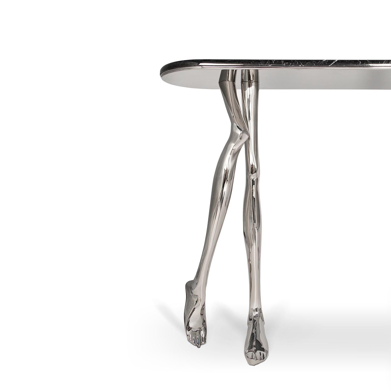 Modern Monroe Silver Art Console Table, Nickel Brass and Black Marble Top In New Condition For Sale In Oporto, PT