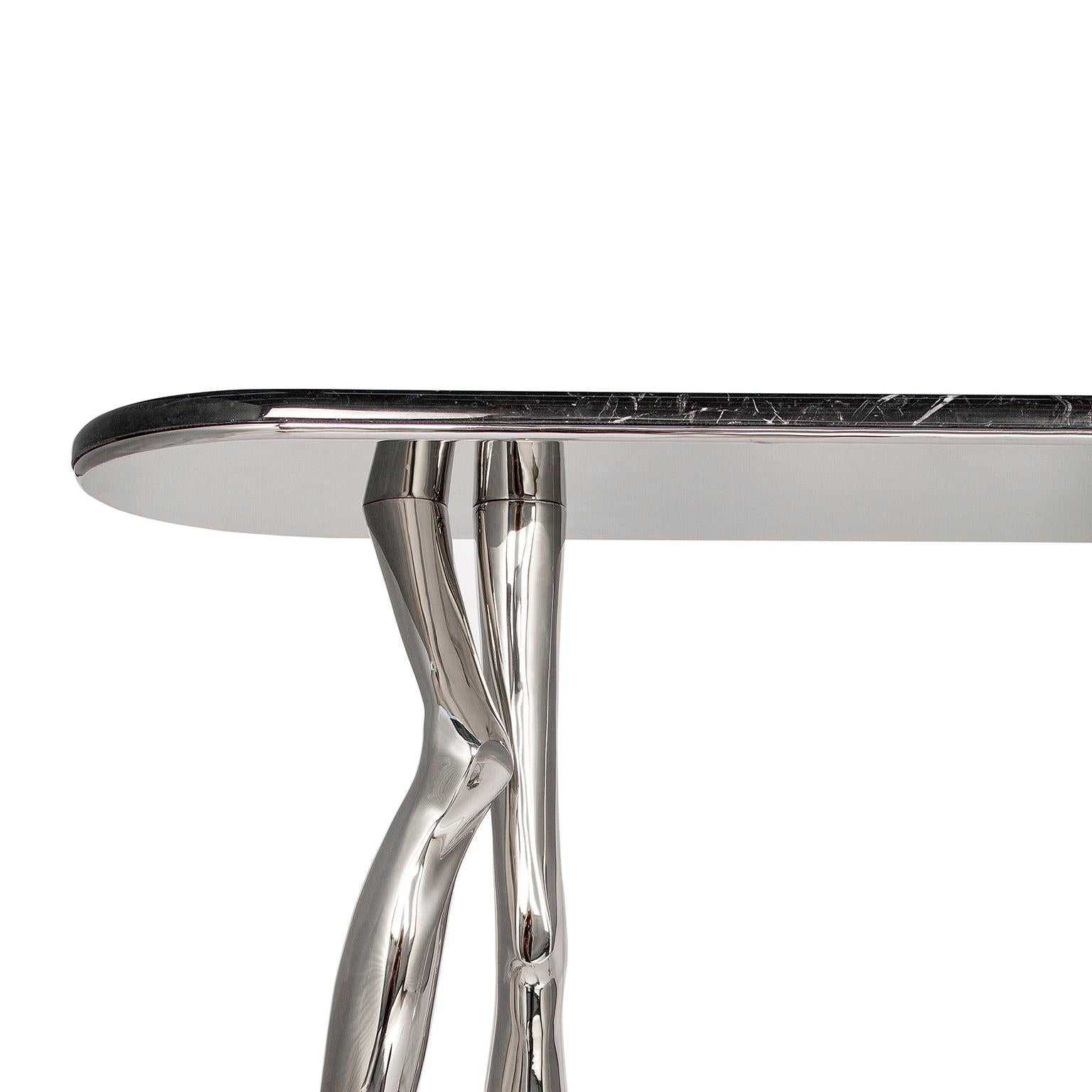 Modern Monroe Silver Art Console Table, Nickel Brass and Black Marble Top For Sale 1