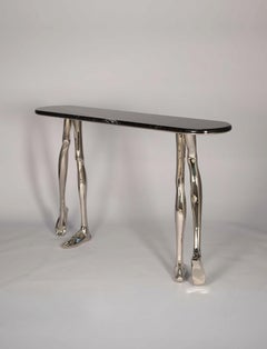 Modern Monroe Silver Art Console Table, Nickel Brass and Black Marble Top