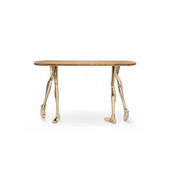 Modern Monroe Console Table in Polished Brass and Yellow Travertine Marble