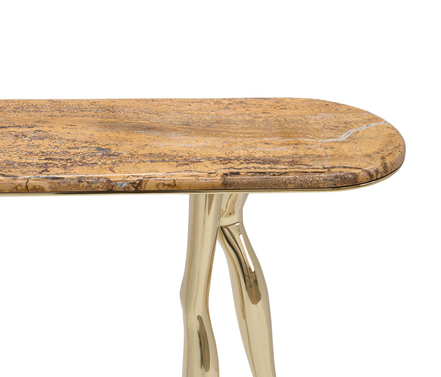 Moderne Table console moderne Monroe en laiton poli et marbre travertin jaune en vente