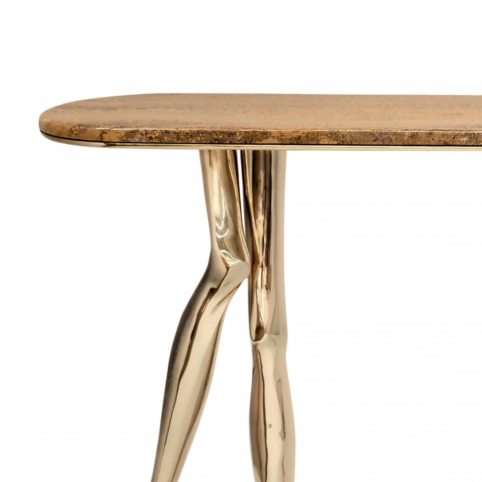 Cast Modern Monroe Console Table in Polished Brass and Yellow Travertine Marble For Sale