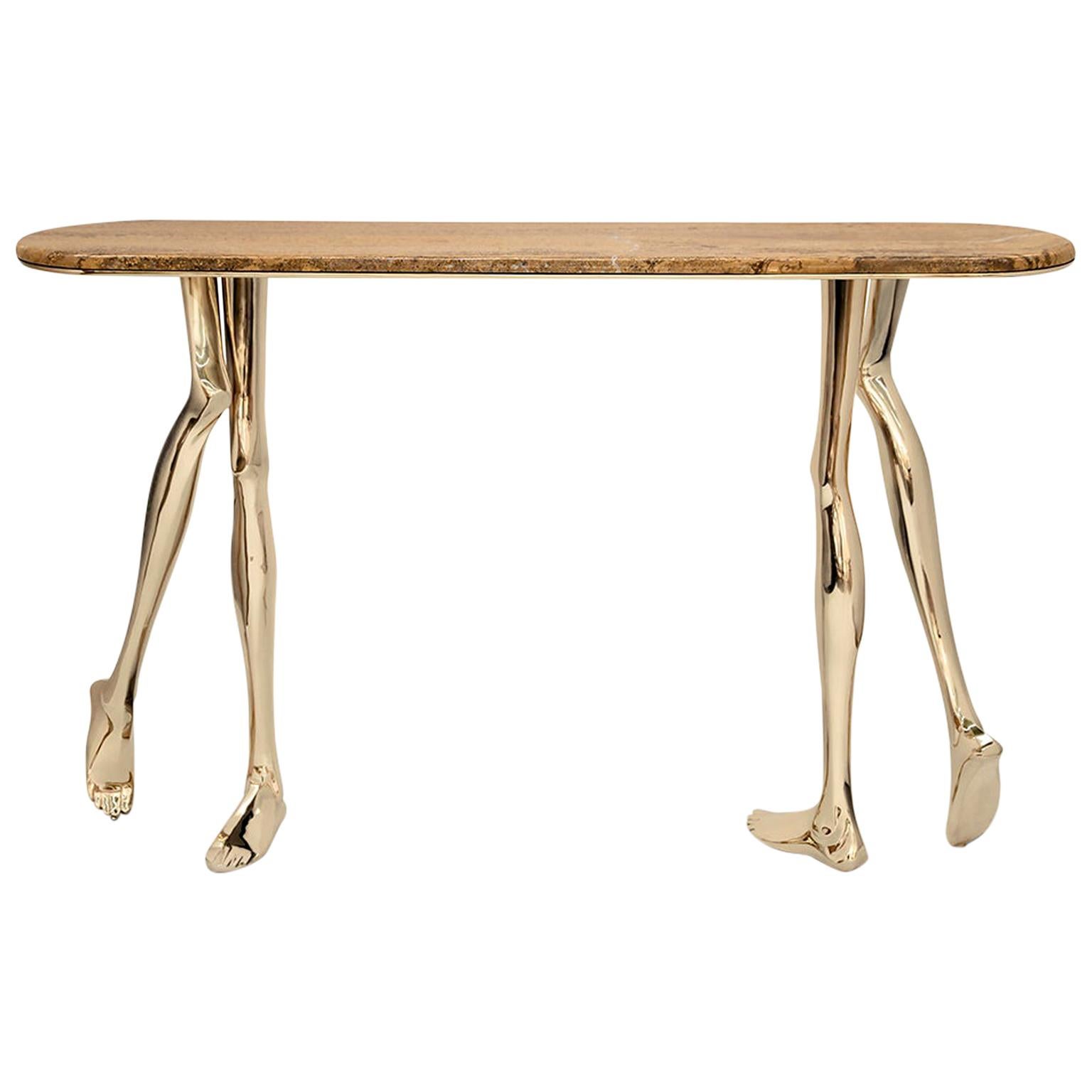 Modern Monroe Console Table in Polished Brass and Yellow Travertine Marble
