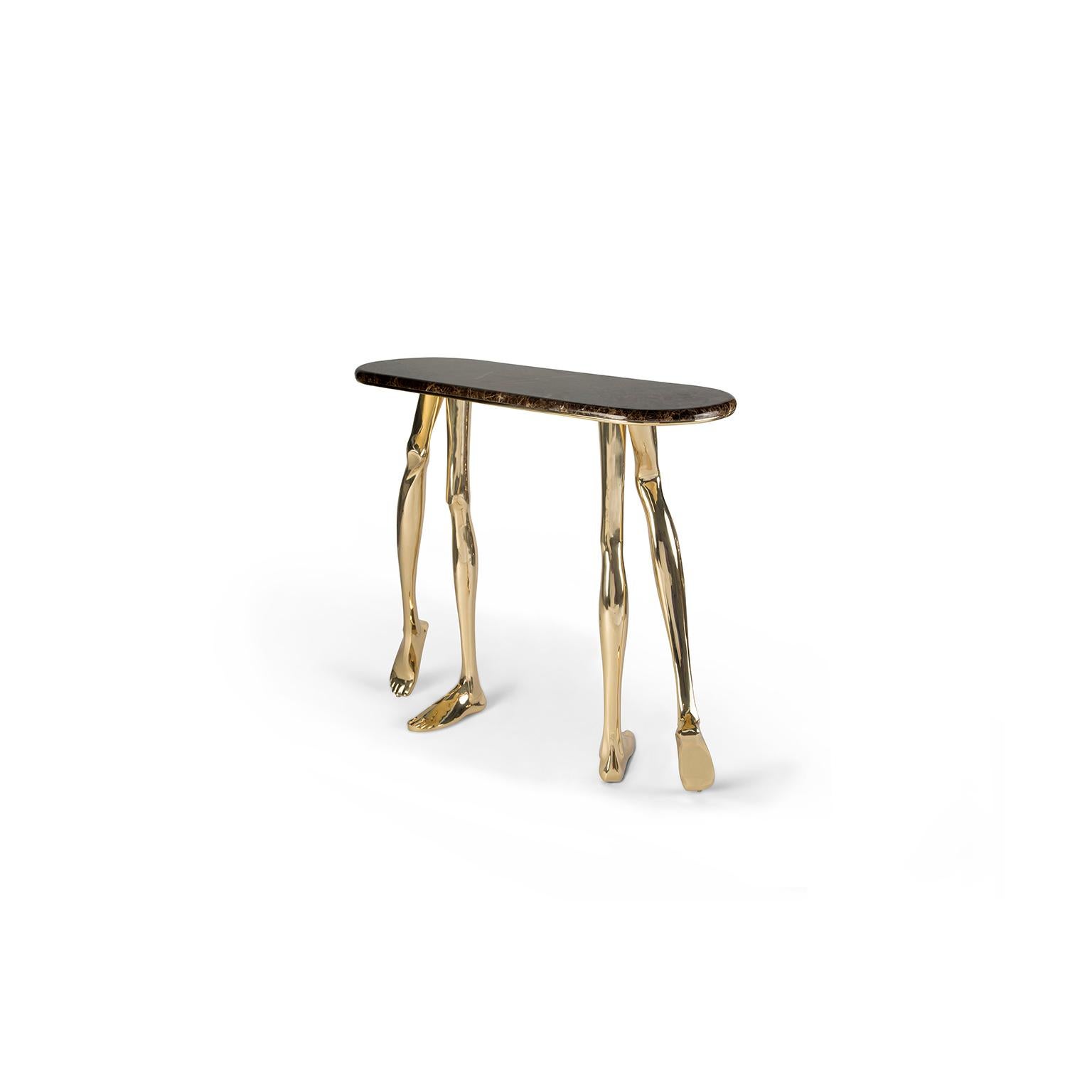 Portuguese Modern Monroe Console Table, Polished Brass, Emperador Marble, Art Console For Sale