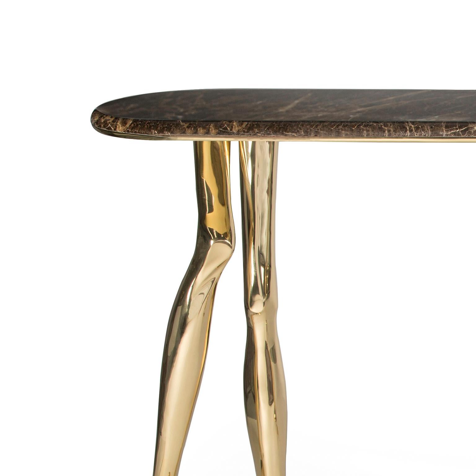 Welded Modern Monroe Console Table, Polished Brass, Emperador Marble, Art Console For Sale