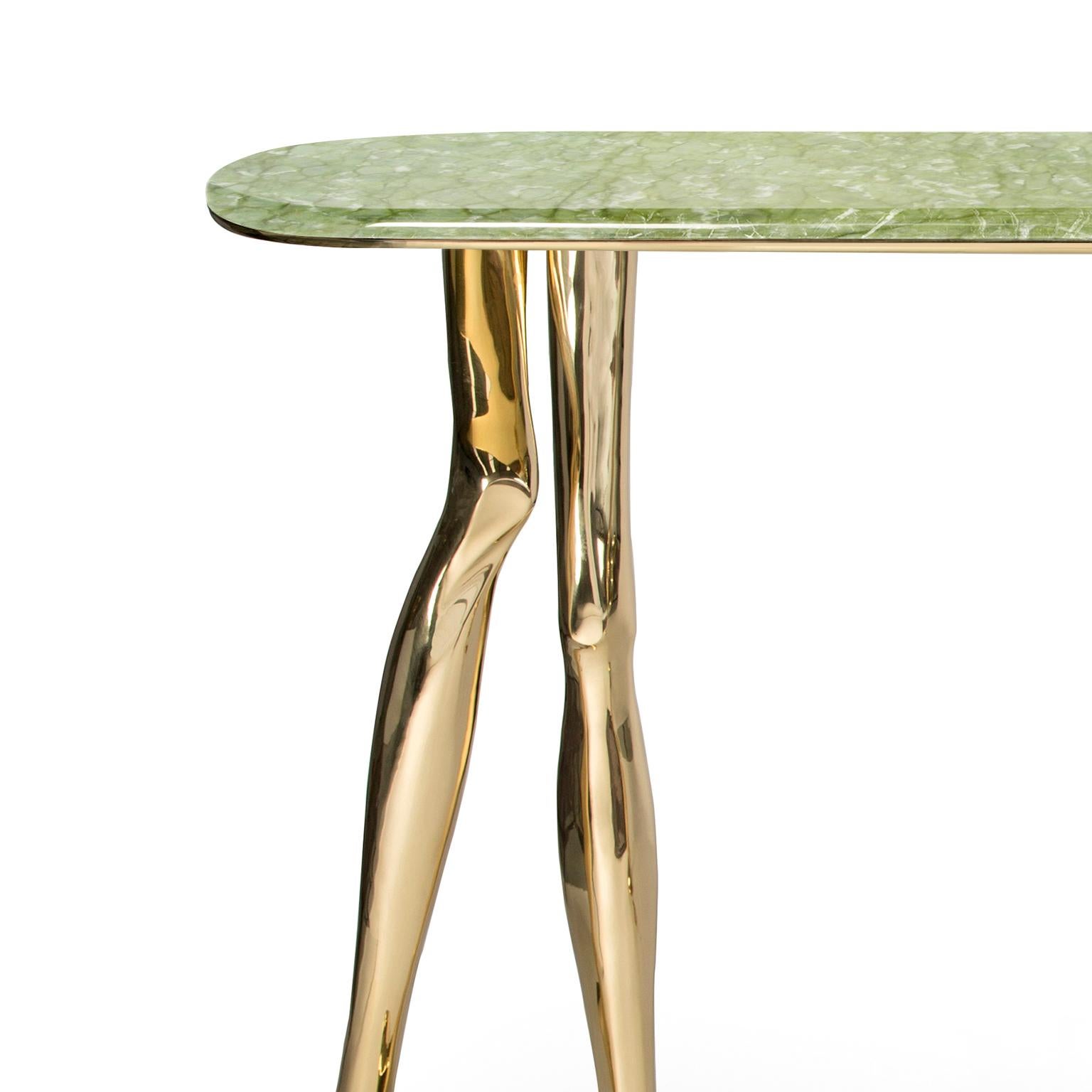 Portuguese Modern Monroe Console Table, Polished Brass, Ming Marble, Functional Art Console For Sale