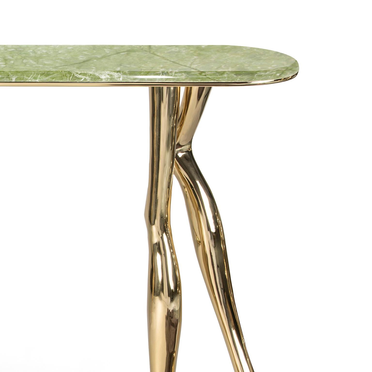 Brushed Modern Monroe Console Table, Polished Brass, Ming Marble, Functional Art Console For Sale