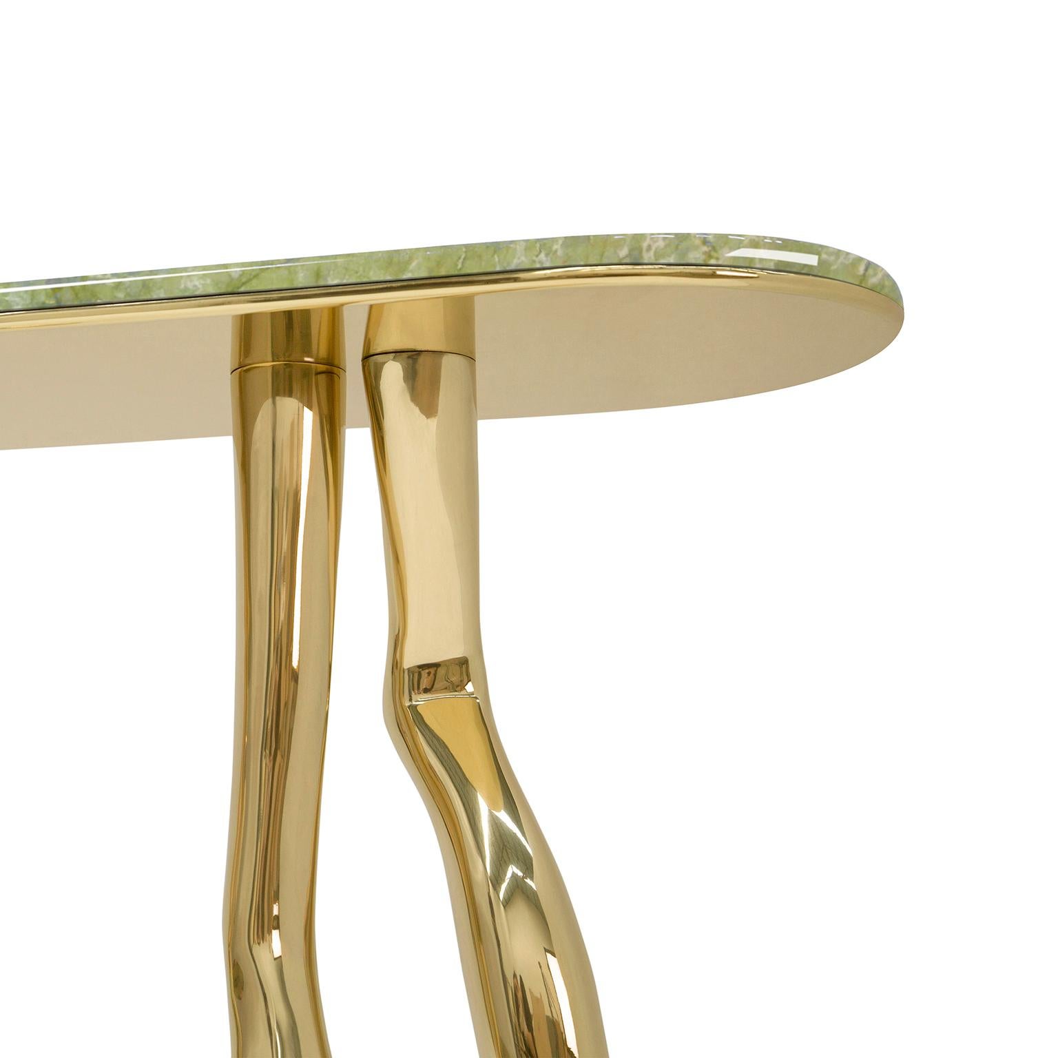 Metal Modern Monroe Console Table, Polished Brass, Ming Marble, Functional Art Console For Sale