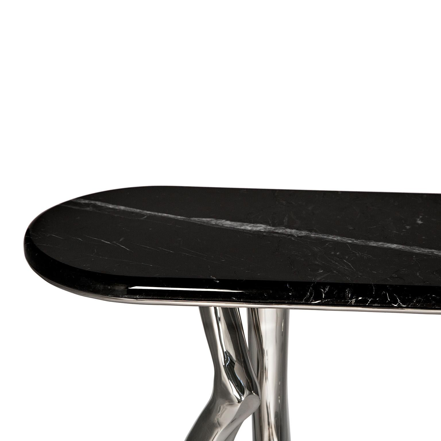 Contemporary Modern Monroe Silver Art Console Table, Nickel Brass and Black Marble Top For Sale