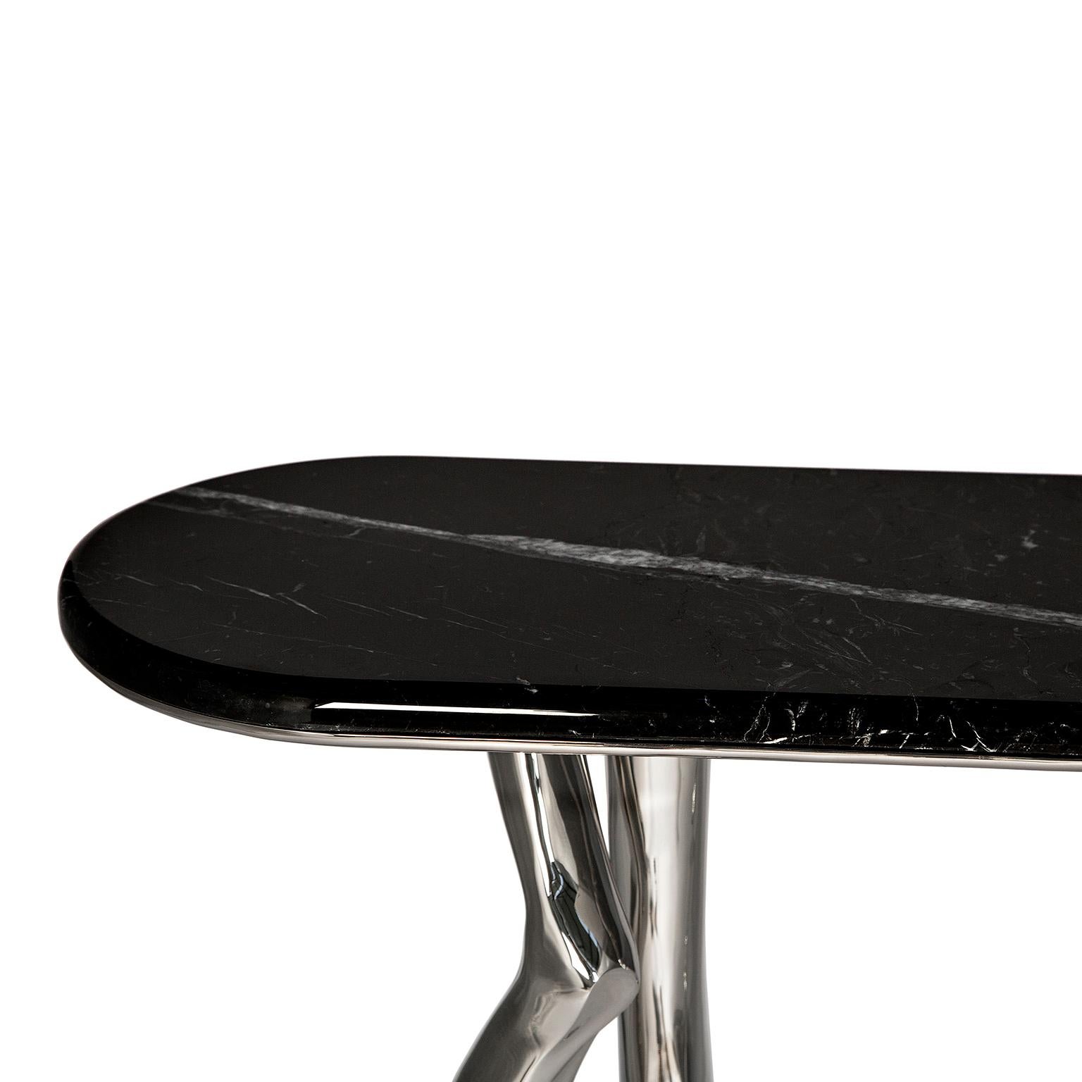 XXIe siècle et contemporain Console d'art moderne Monroe en argent, laiton nickelé et plateau en marbre noir en vente