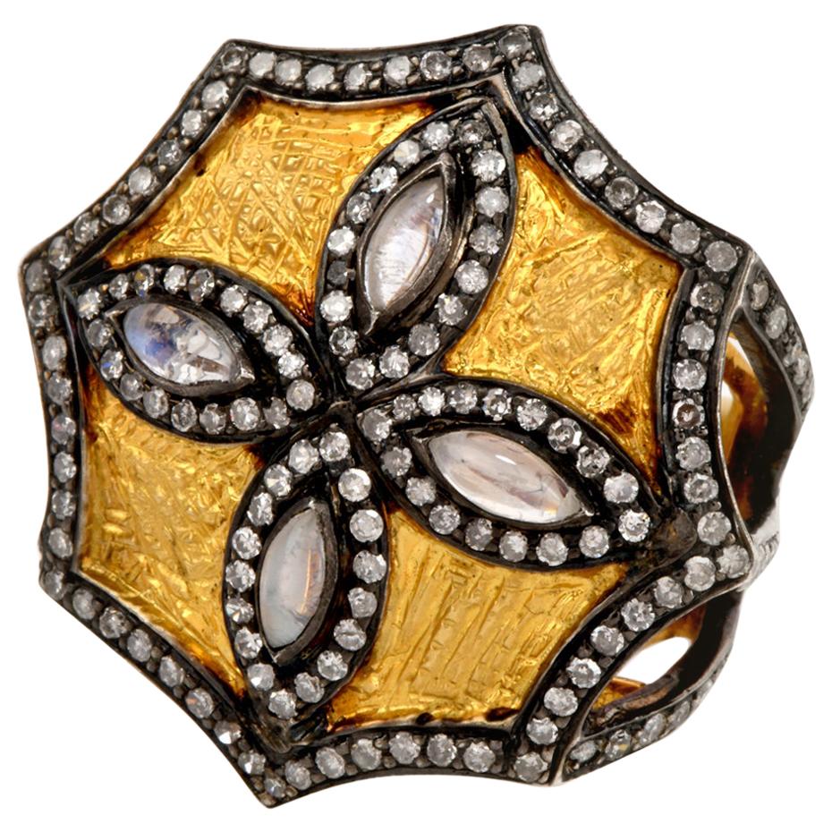 Modern Moonstone Diamond 14 Karat Gold Large Octagon Cocktail Ring