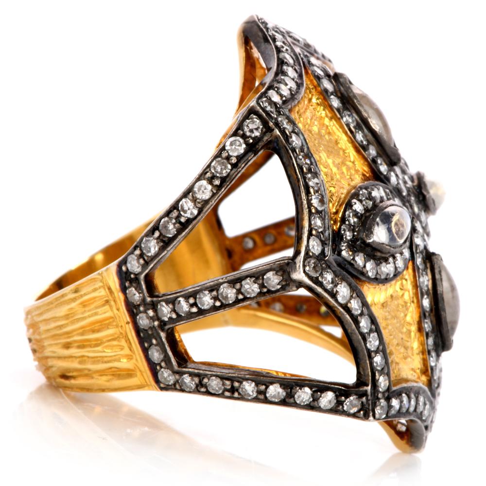 Art Nouveau Modern Moonstone Diamond 14 Karat Gold Large Octagon Cocktail Ring