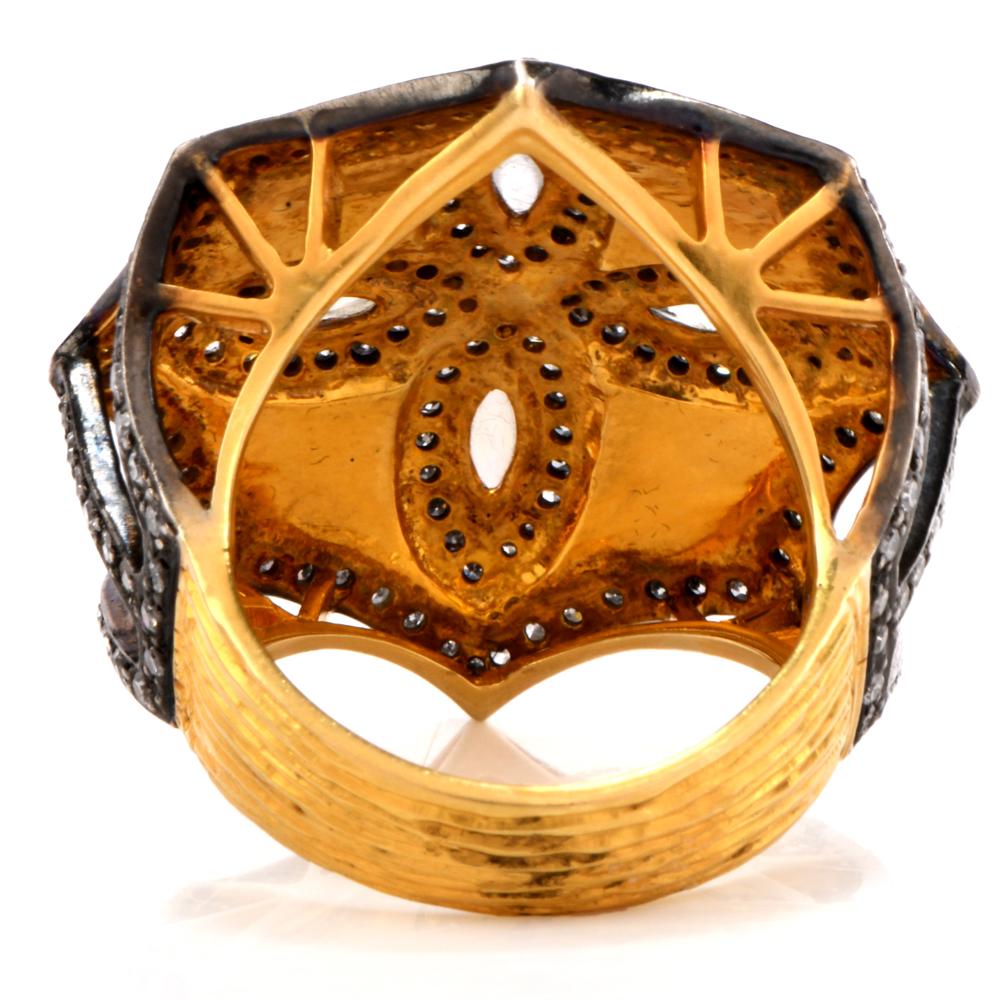 Round Cut Modern Moonstone Diamond 14 Karat Gold Large Octagon Cocktail Ring