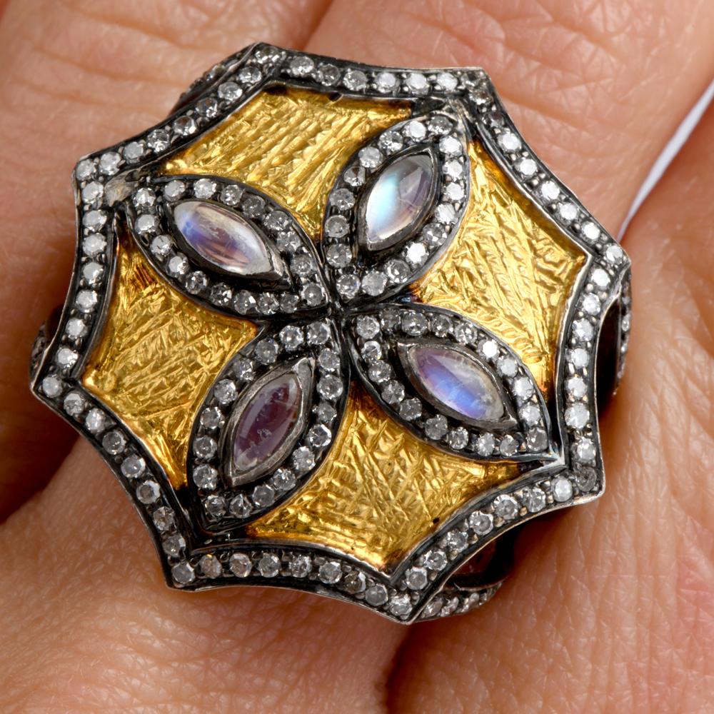 Women's or Men's Modern Moonstone Diamond 14 Karat Gold Large Octagon Cocktail Ring