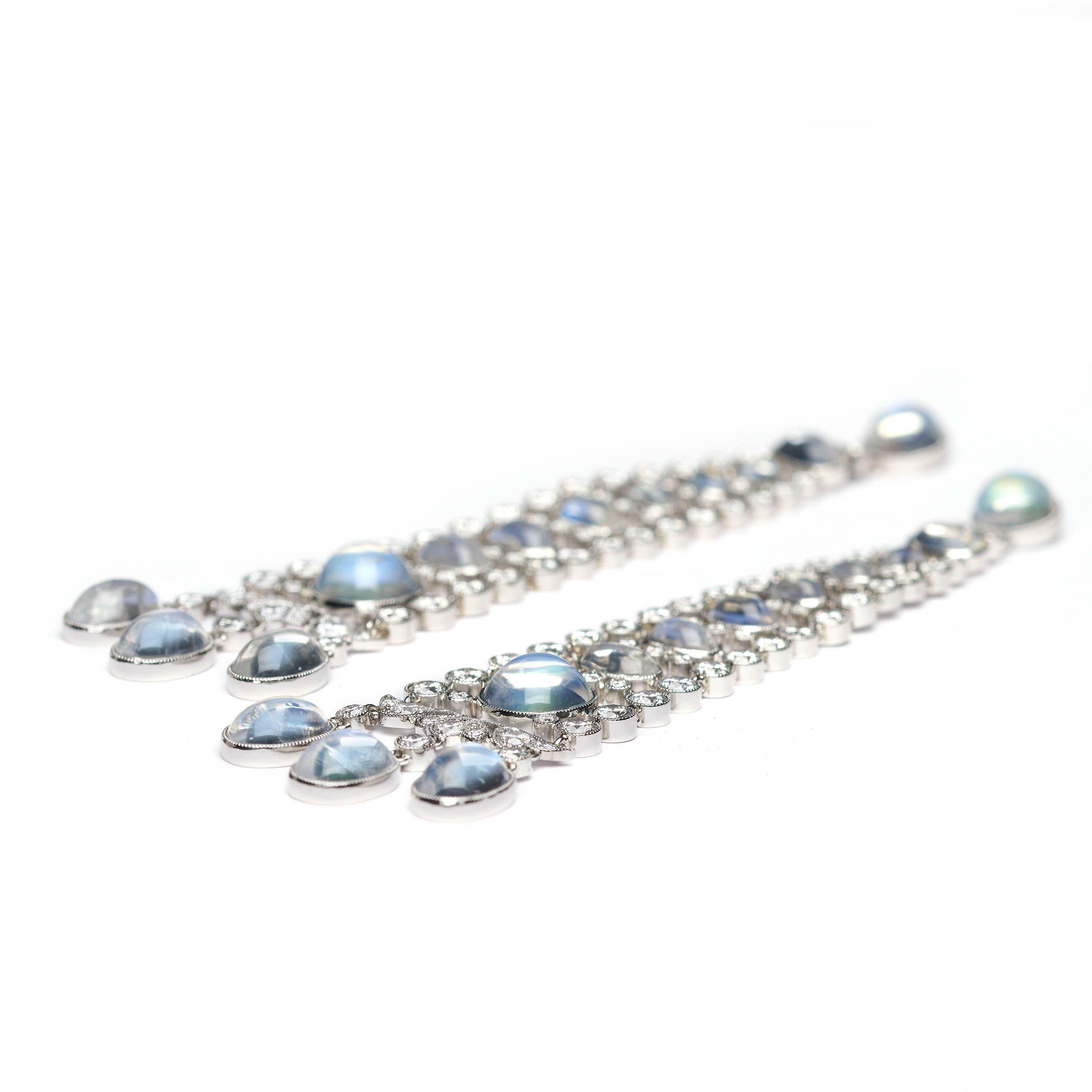 Modern Moonstone, Diamond and Platinum Drop Earrings In New Condition For Sale In London, GB