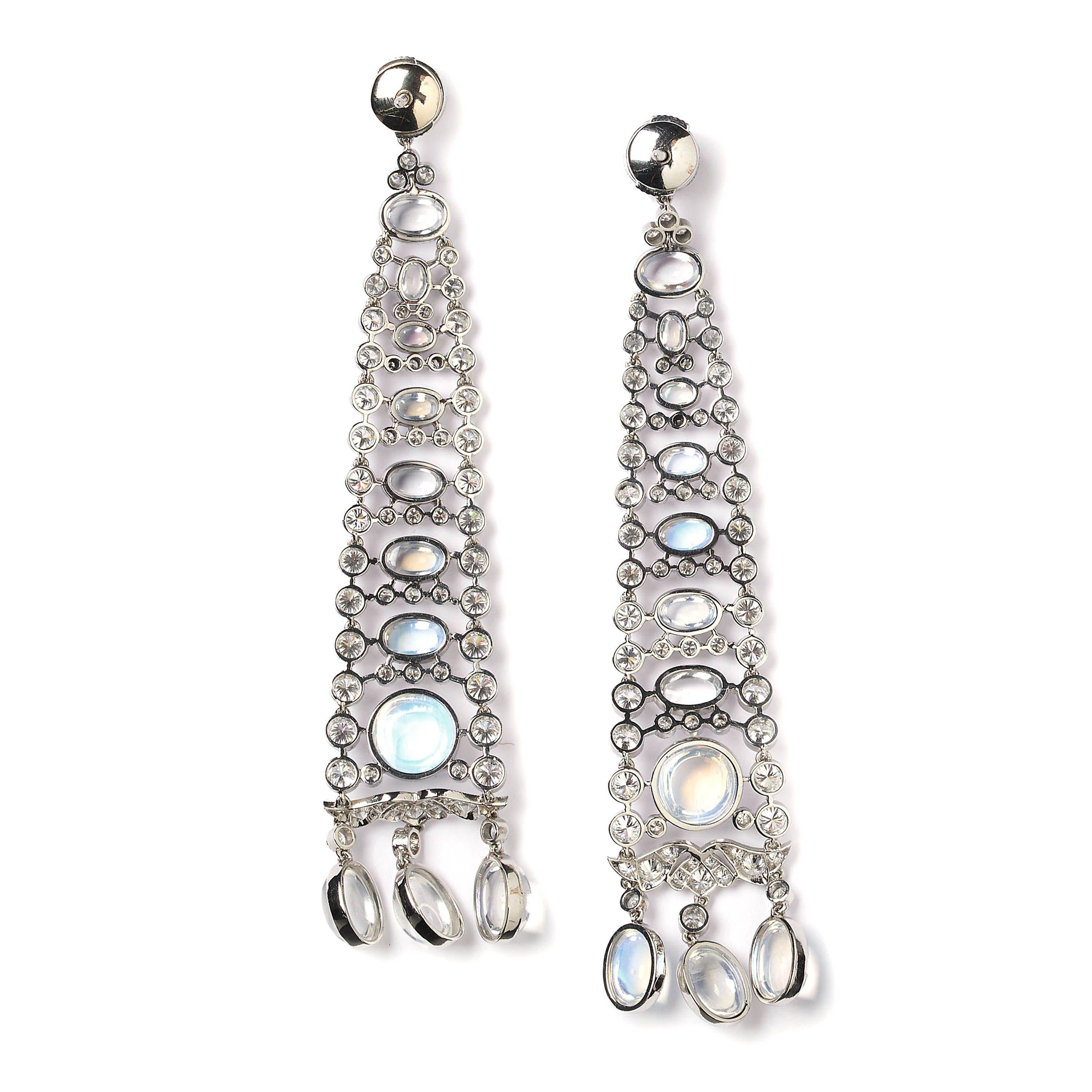 Women's Modern Moonstone, Diamond and Platinum Drop Earrings For Sale