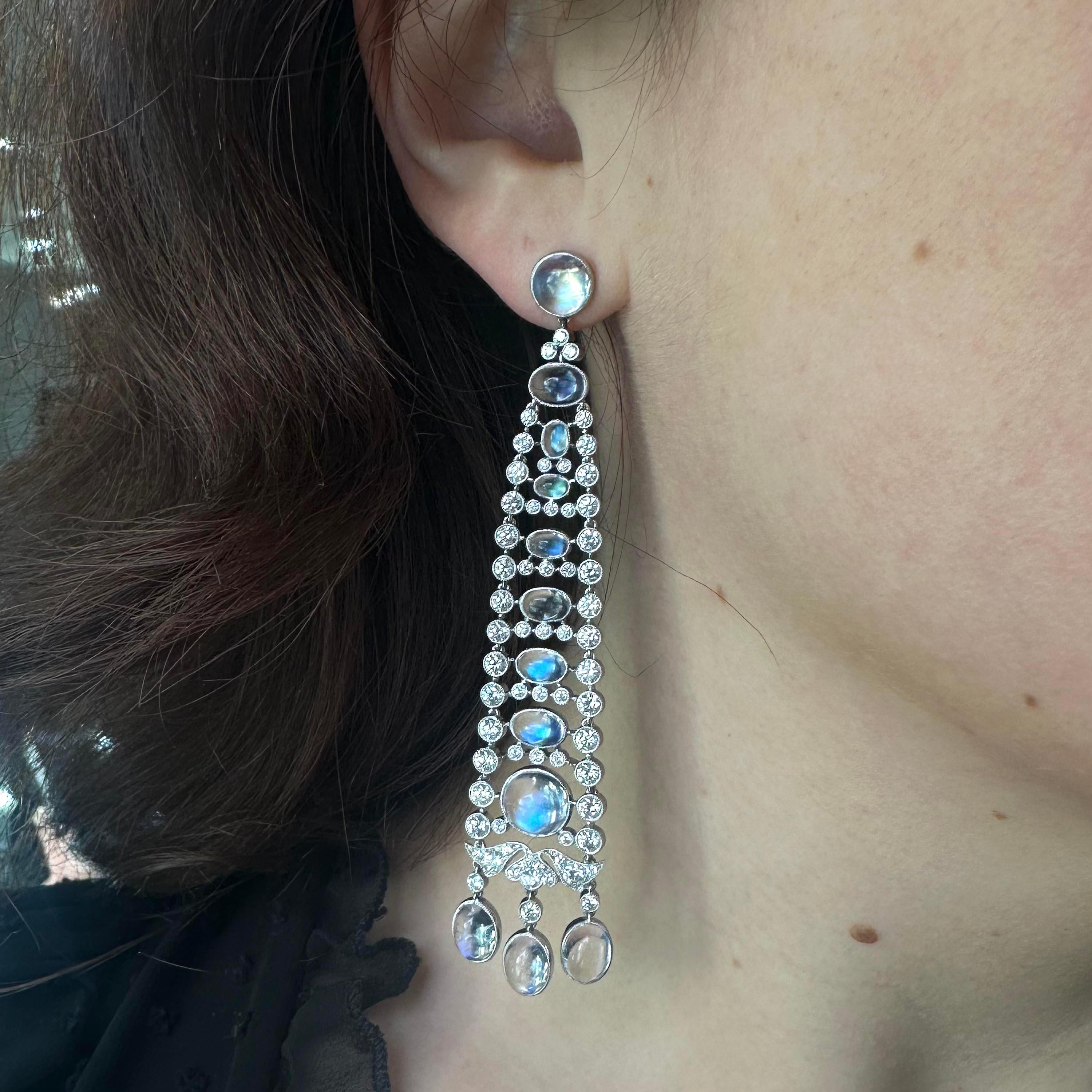 Modern Moonstone, Diamond and Platinum Drop Earrings For Sale 1