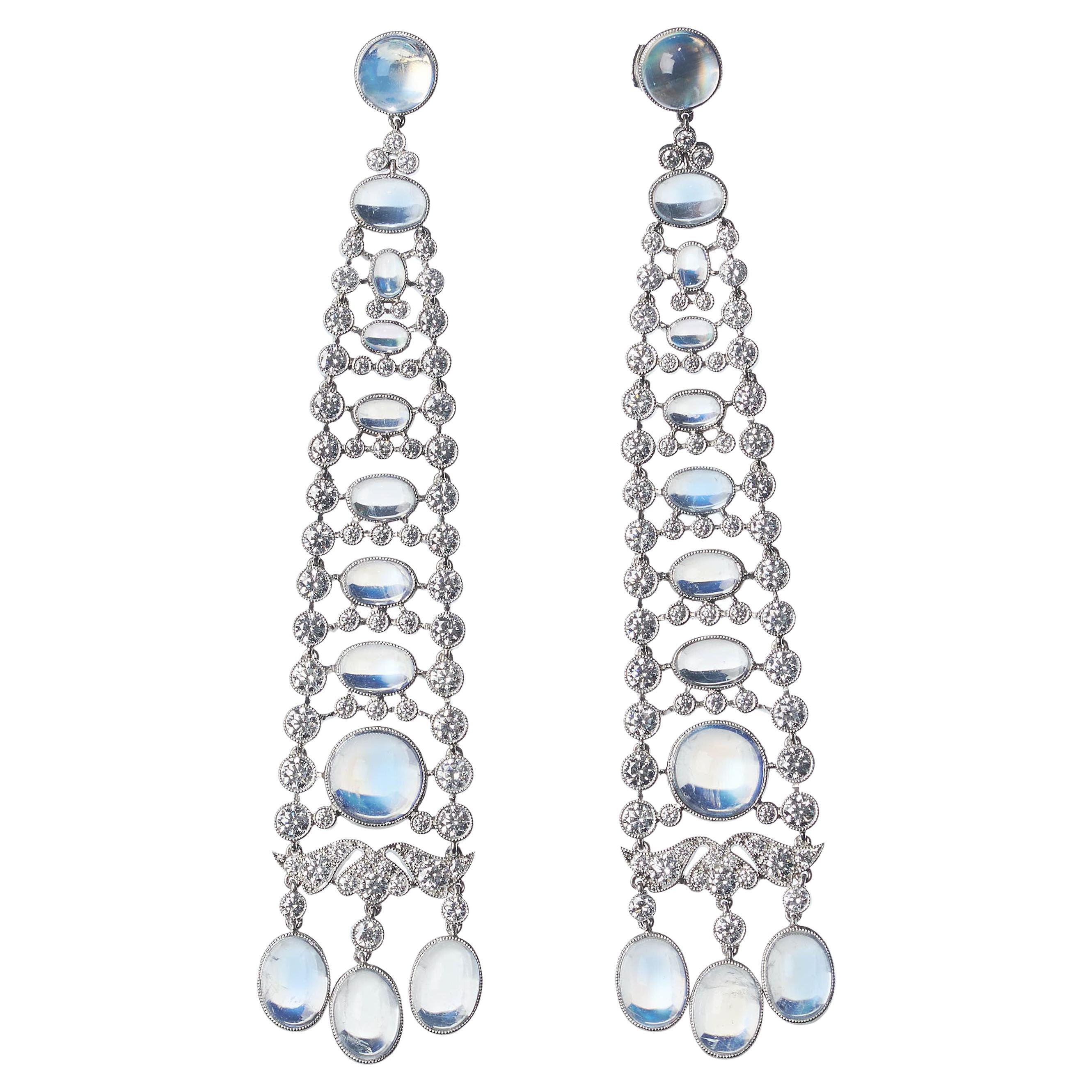 Modern Moonstone, Diamond and Platinum Drop Earrings