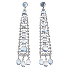 Modern Moonstone, Diamond and Platinum Drop Earrings