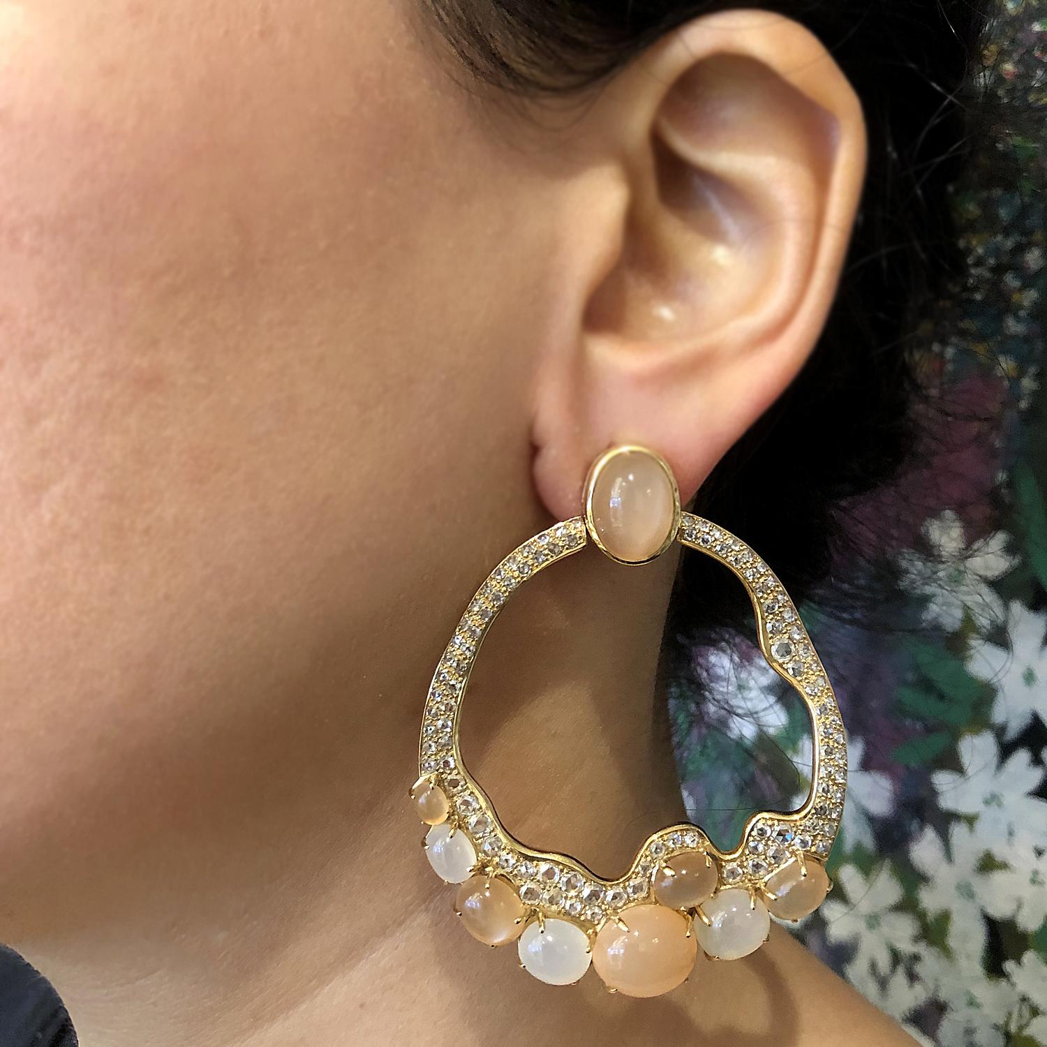 Women's Modern Moonstone Diamond Gold Earrings For Sale