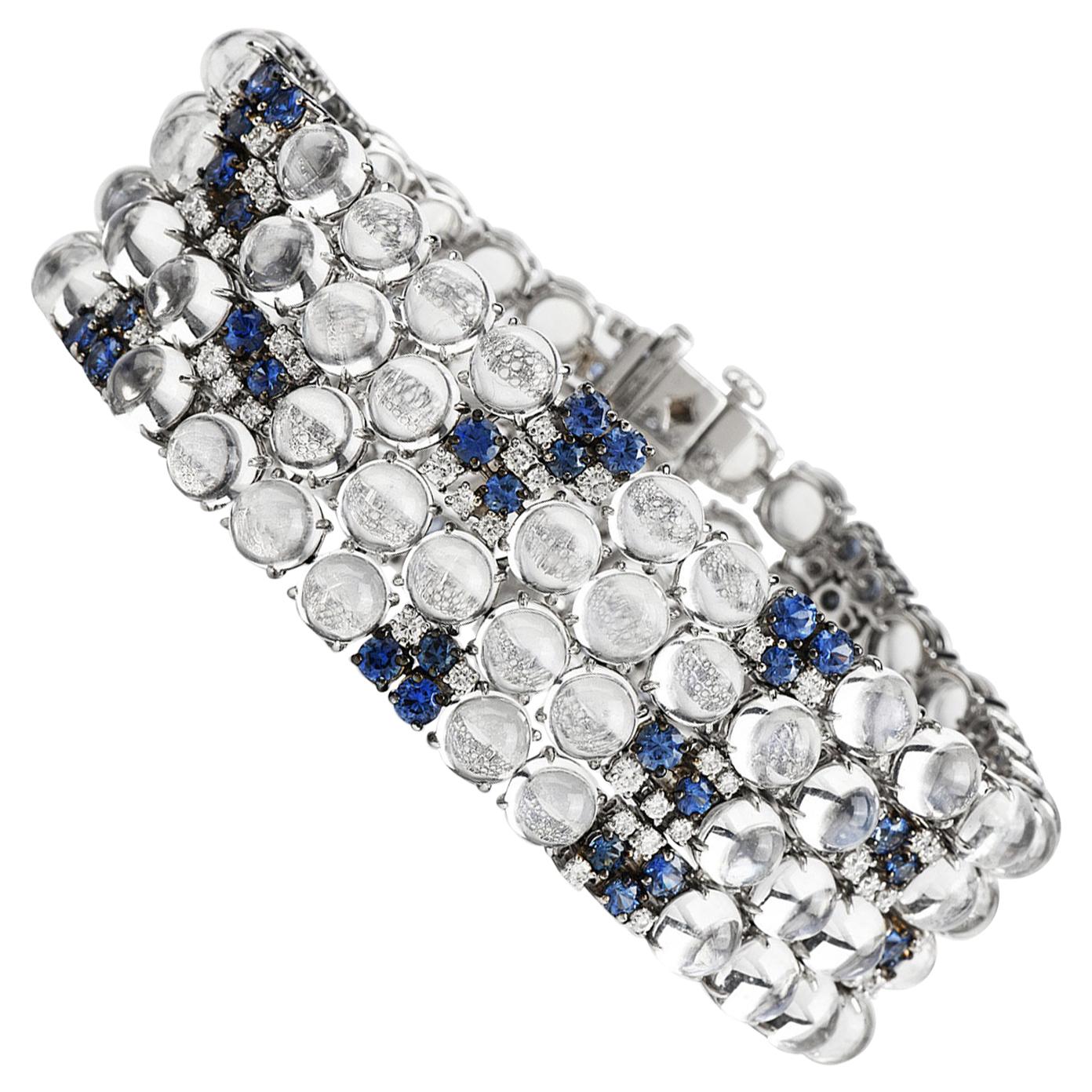Modern Moonstone Diamond Sapphire 18 Karat Gold Wide Bracelet