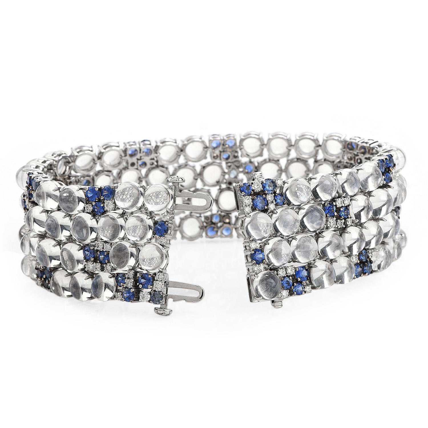 Cabochon Modern Moonstone Diamond Sapphire 18 Karat Gold Wide Bracelet