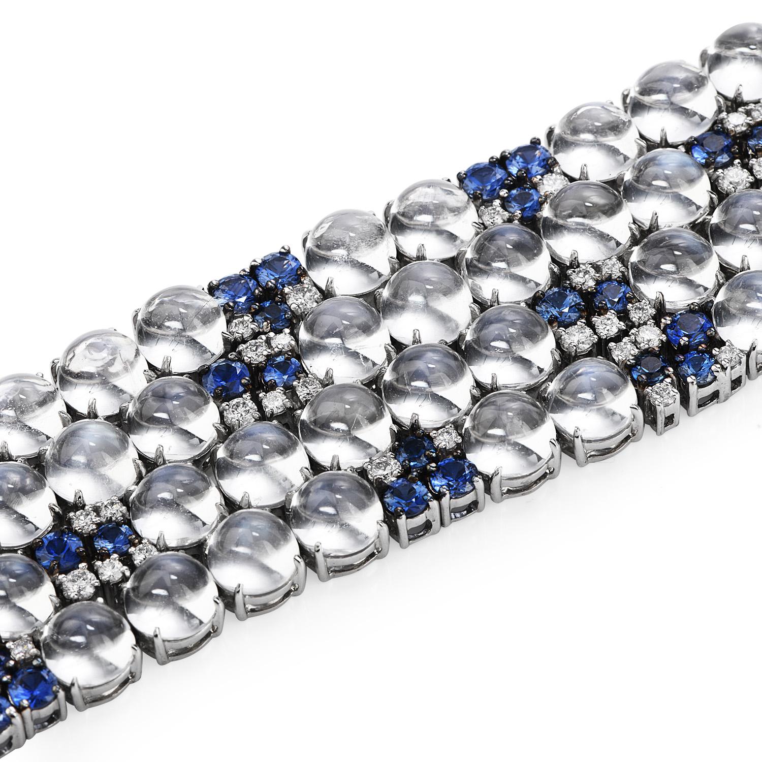 Modern Moonstone Diamond Sapphire 18 Karat Gold Wide Bracelet In Excellent Condition In Miami, FL