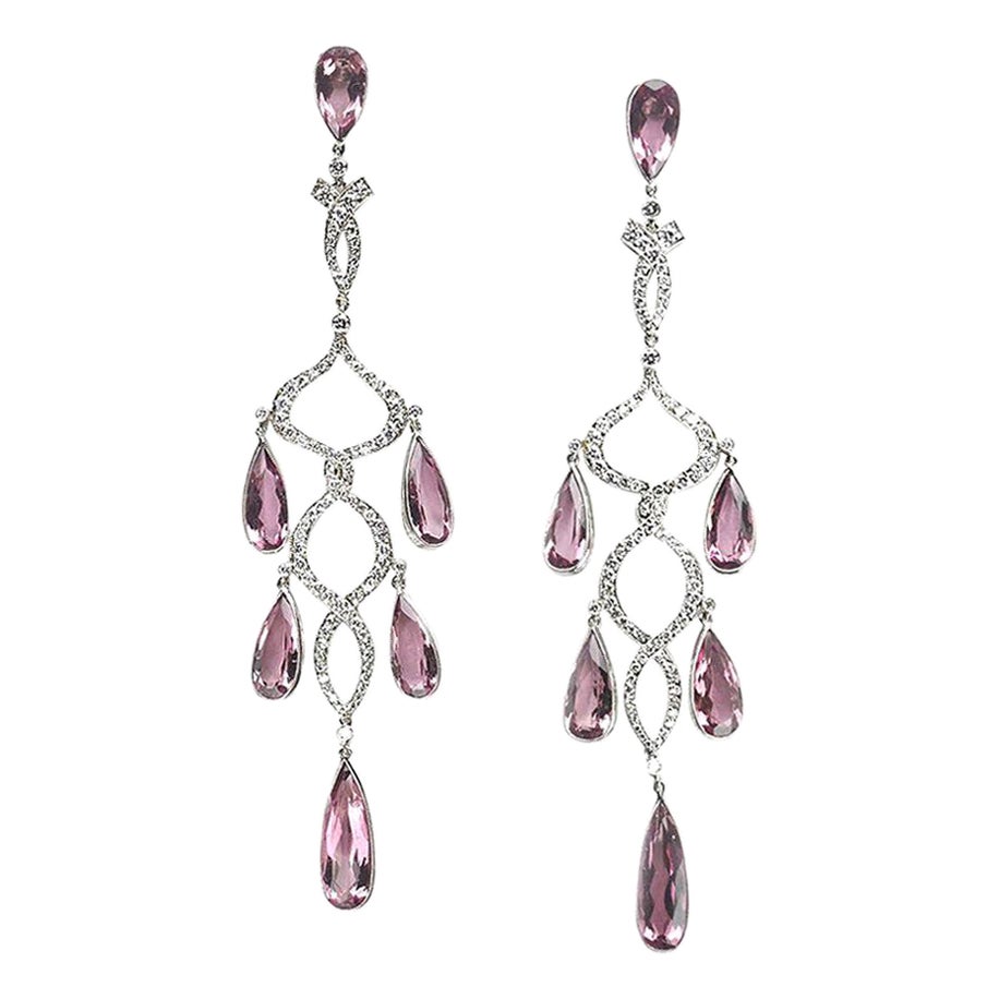 Modern Morganite, Diamond and Platinum Chandelier Earrings For Sale