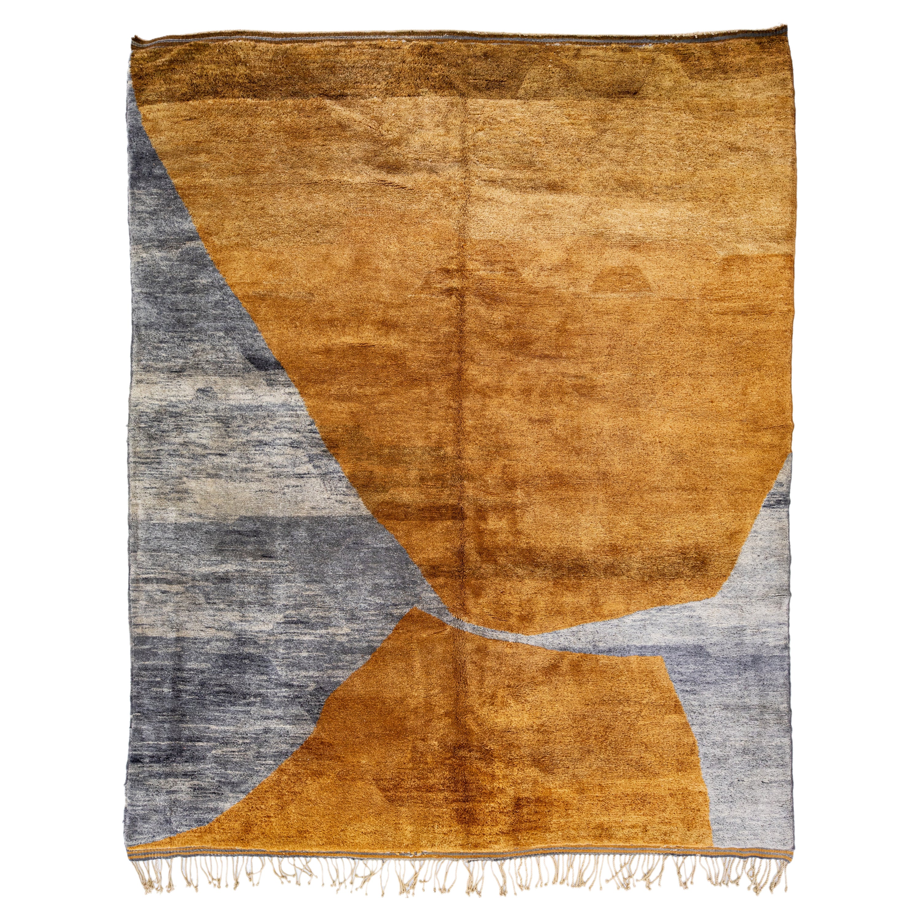 Modern Moroccan Abstract Motif Handmade Gray and Goldenrod Wool Rug