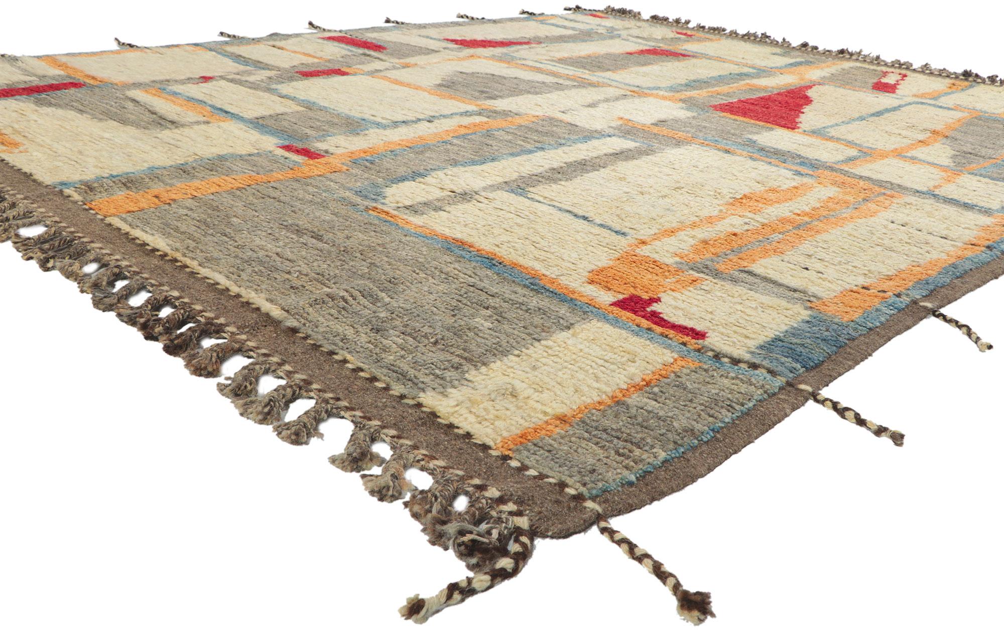 ​80723 Modern Bauhaus Moroccan Rug, 08'04 x 10'03.
Abstract Cubism meets ​Holistic Bauhaus in this hand knotted wool modern Moroccan area rug. Embark on a journey of transformation and fashion with this Moroccan style rug. Its intriguing blend of