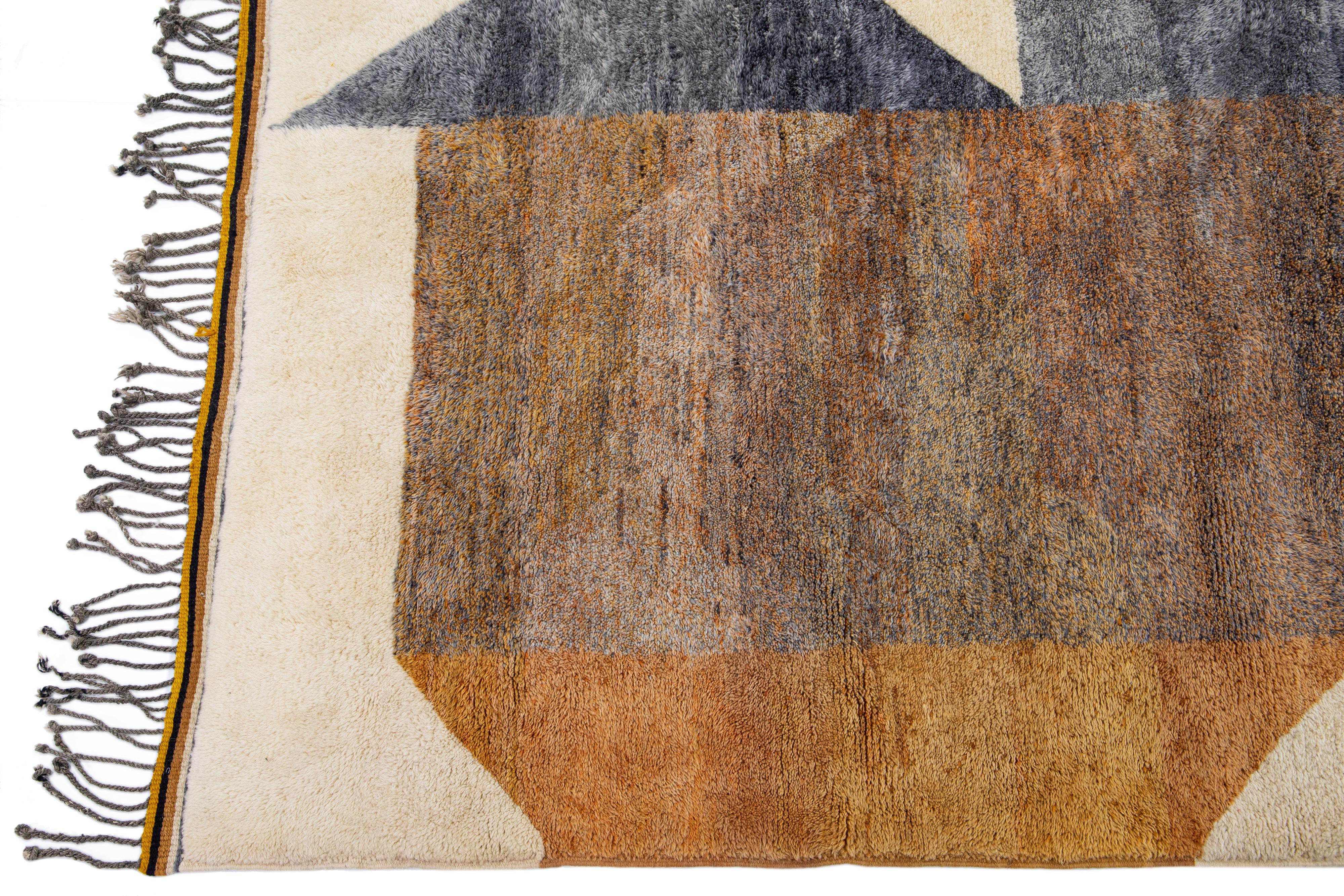 Hand-Knotted Modern Moroccan Beige Handmade Abstract Designed Wool Rug For Sale