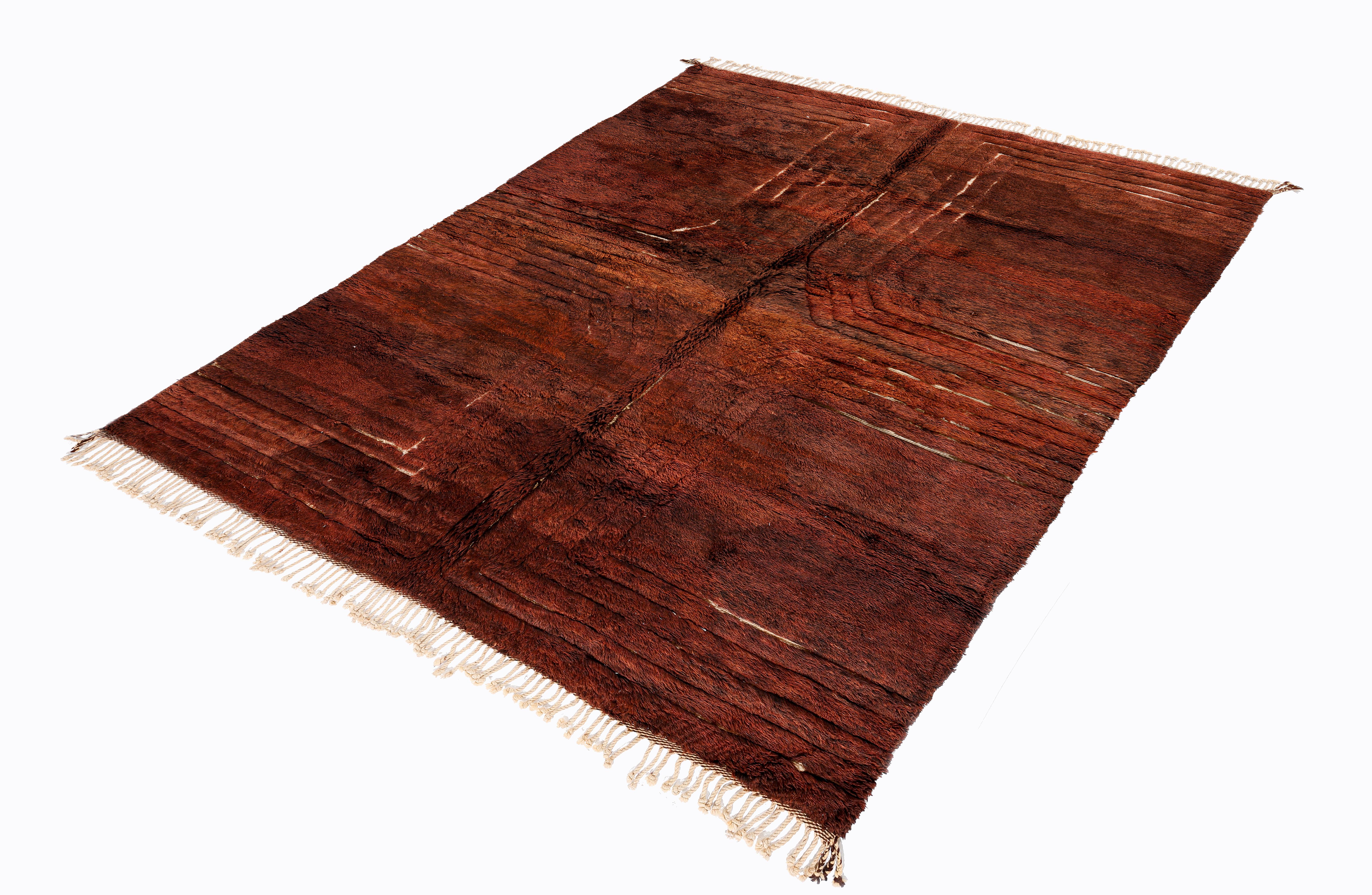 Organico moderno Tappeto moderno marocchino Beni Mrirt - Lana color terracotta con trama lineare, 9x12 in vendita
