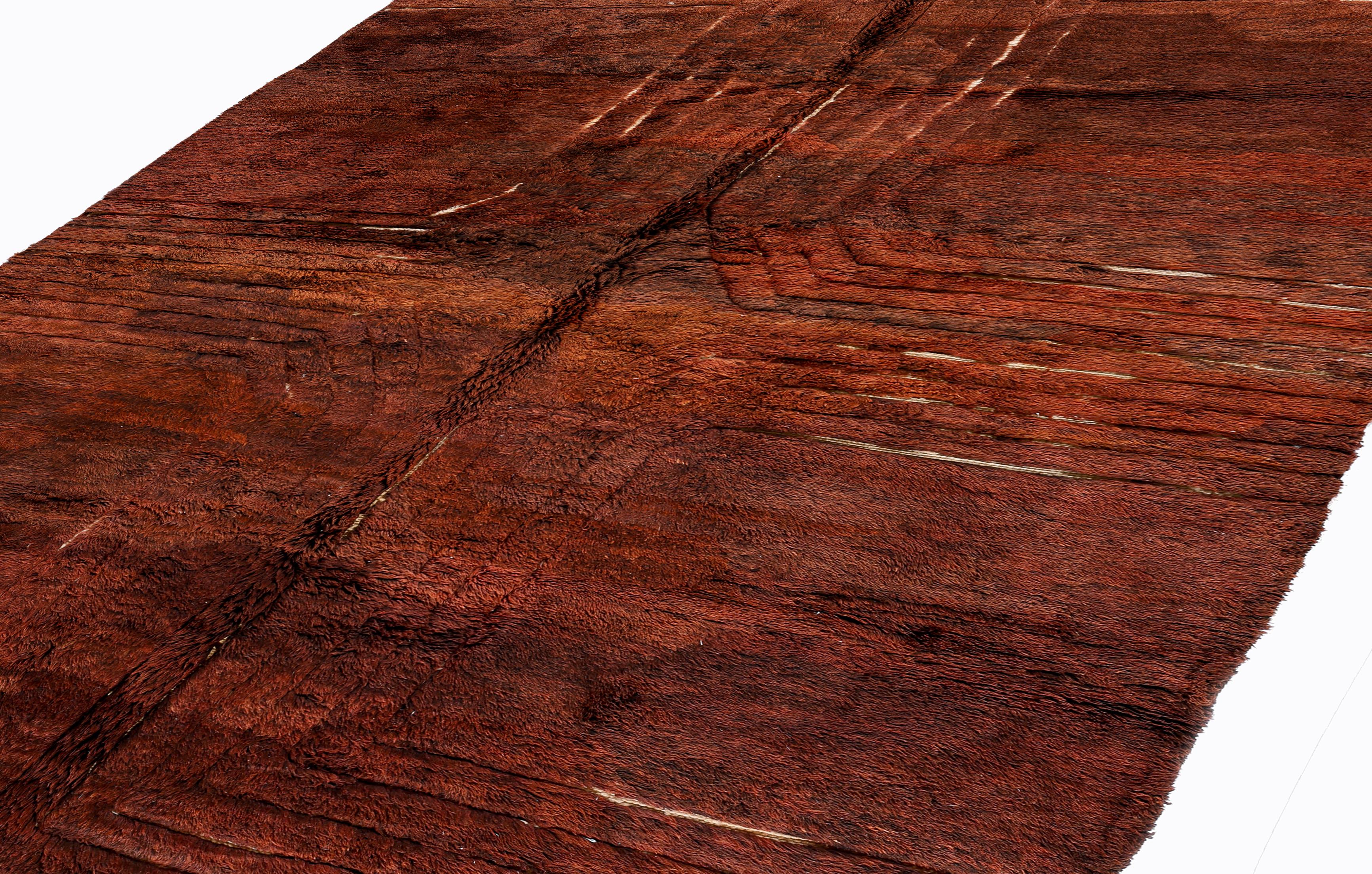 Annodato a mano Tappeto moderno marocchino Beni Mrirt - Lana color terracotta con trama lineare, 9x12 in vendita