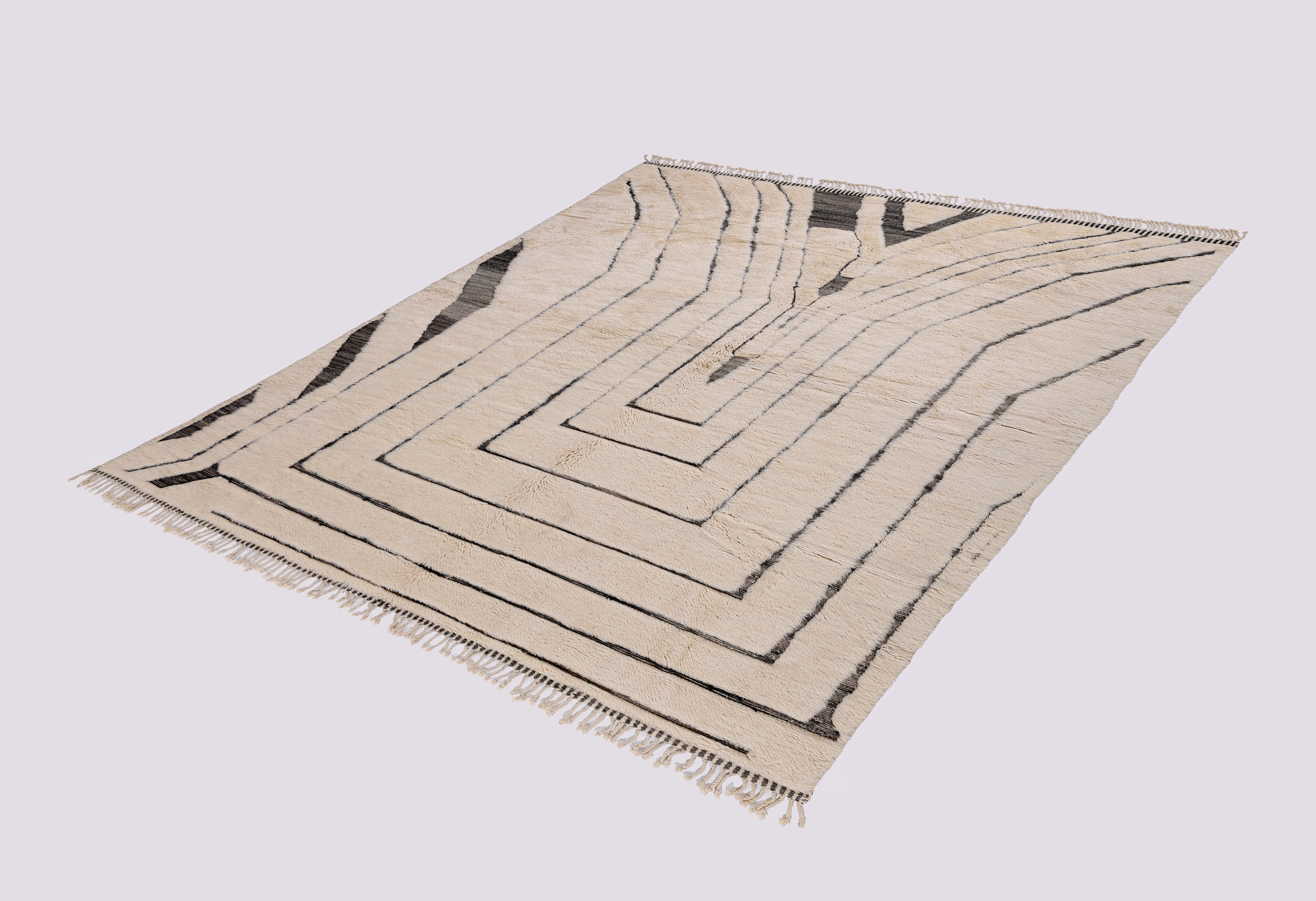 Alfombra moderna marroquí Beni Mrirt - Diseño lineal de ilusión óptica en lana, 8'x11' Moderno orgánico en venta
