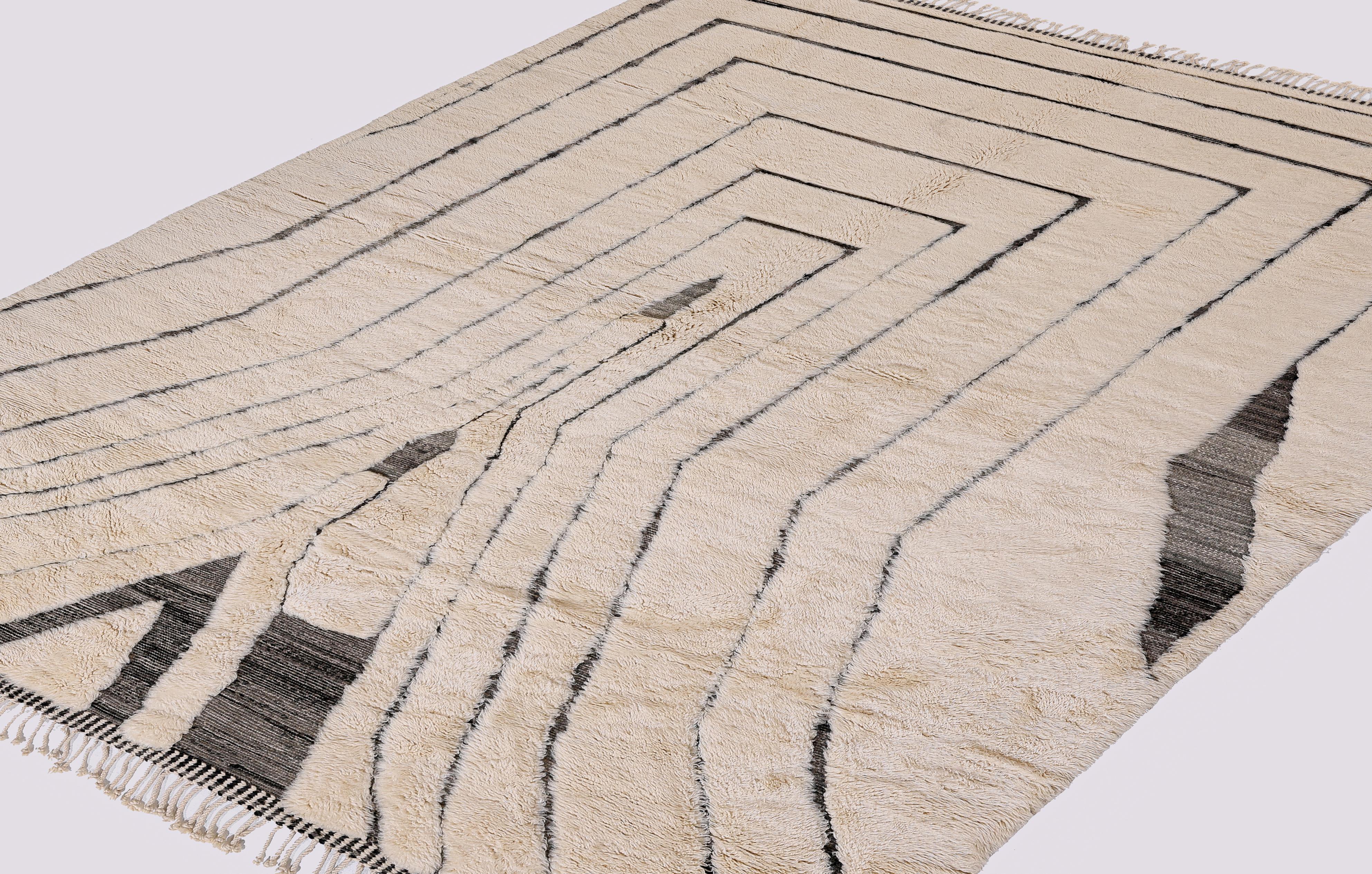 Alfombra moderna marroquí Beni Mrirt - Diseño lineal de ilusión óptica en lana, 8'x11' Marroquí en venta