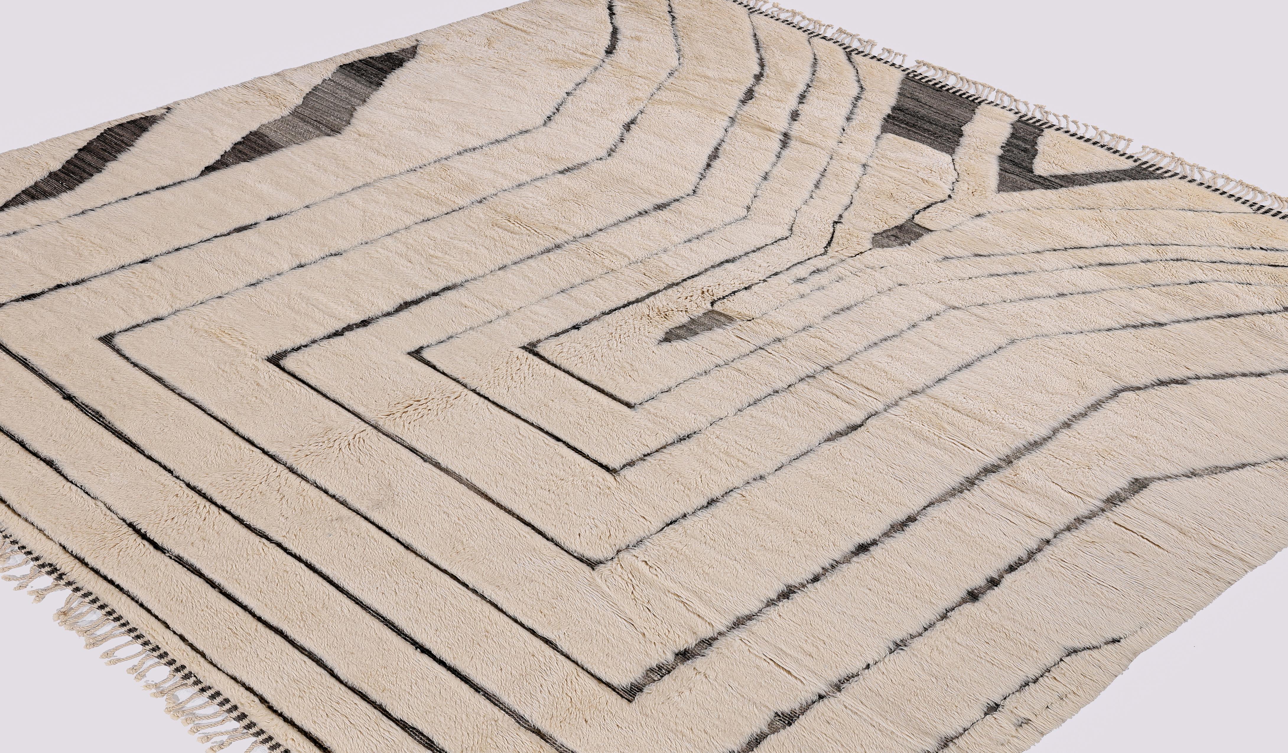 Alfombra moderna marroquí Beni Mrirt - Diseño lineal de ilusión óptica en lana, 8'x11' Anudado a mano en venta
